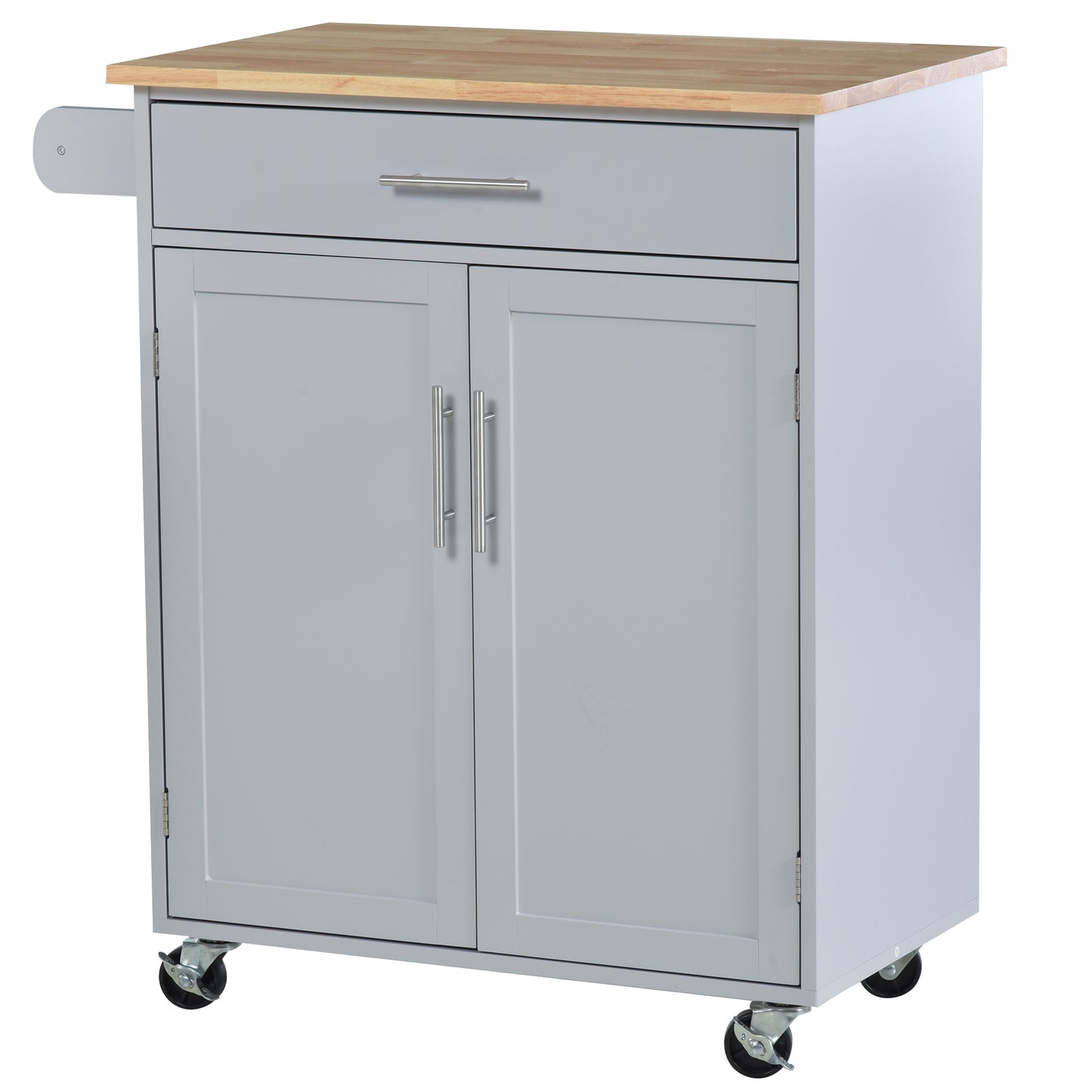 Gray kitchen cart with butcher block top and two cabinet doors