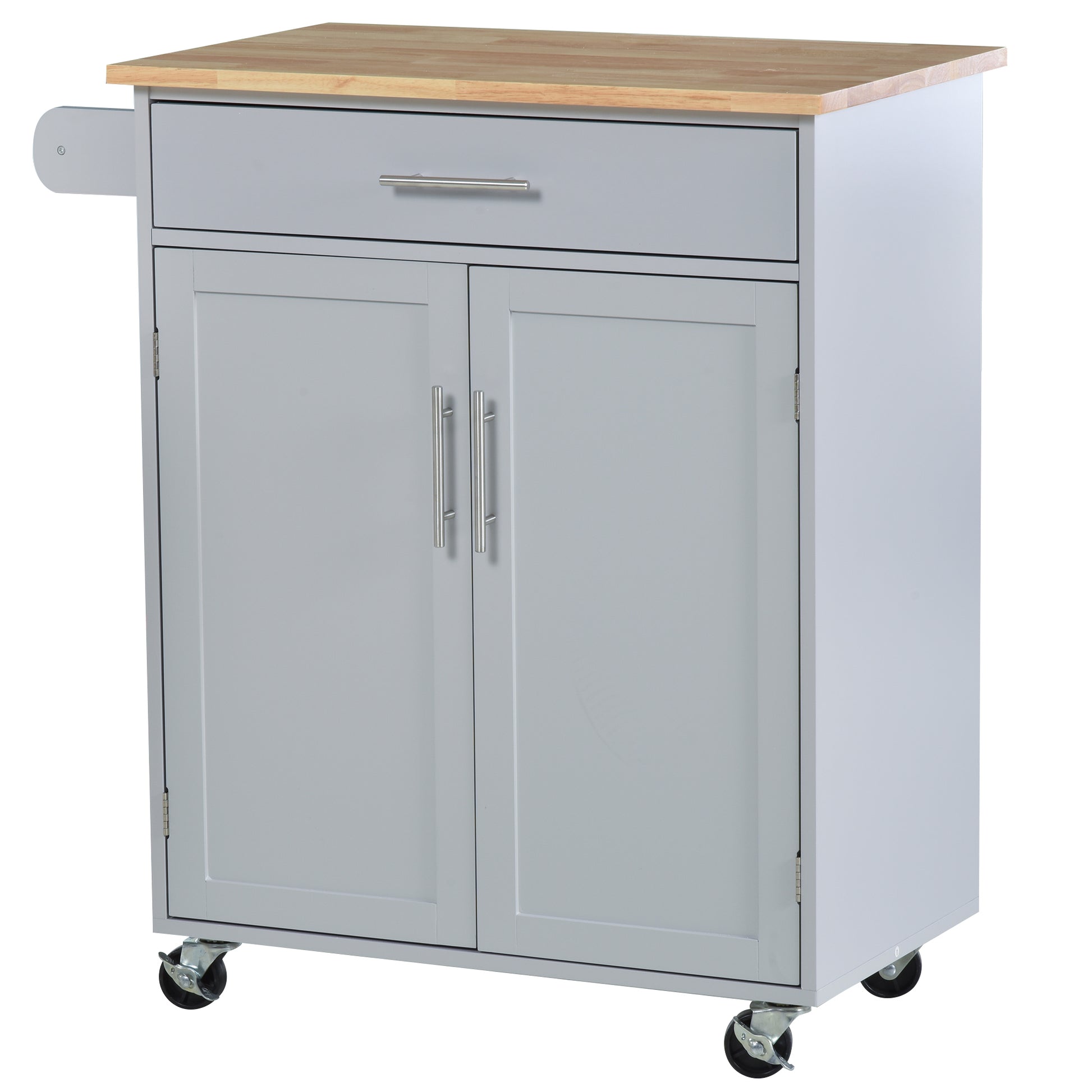 Gray kitchen cart with butcher block top and two cabinet doors