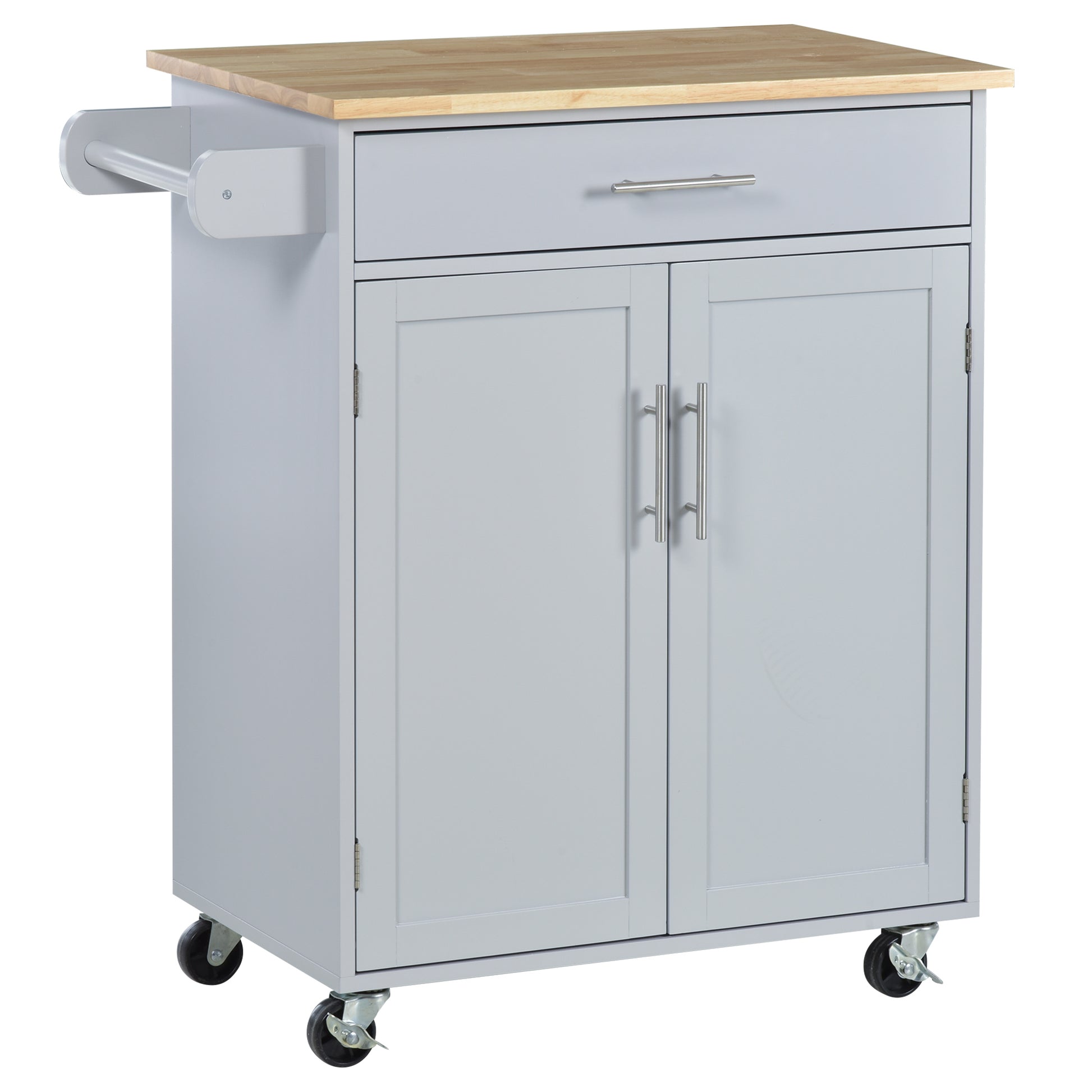 Gray kitchen cart with butcher block top and towel bar perfect for small kitchens