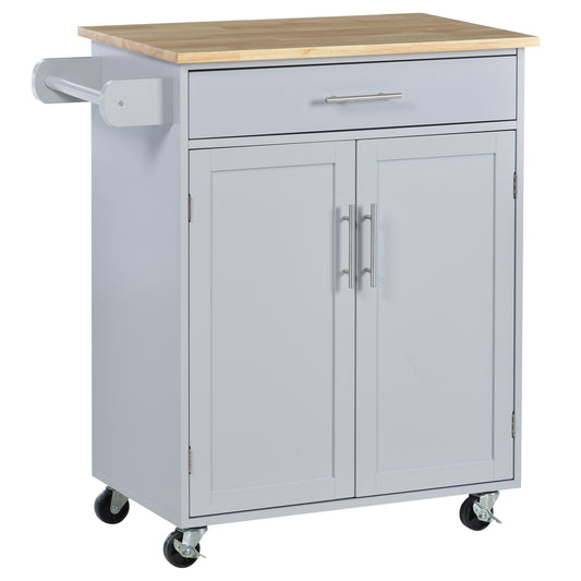 Gray kitchen cart with butcher block top and towel bar perfect for small kitchens