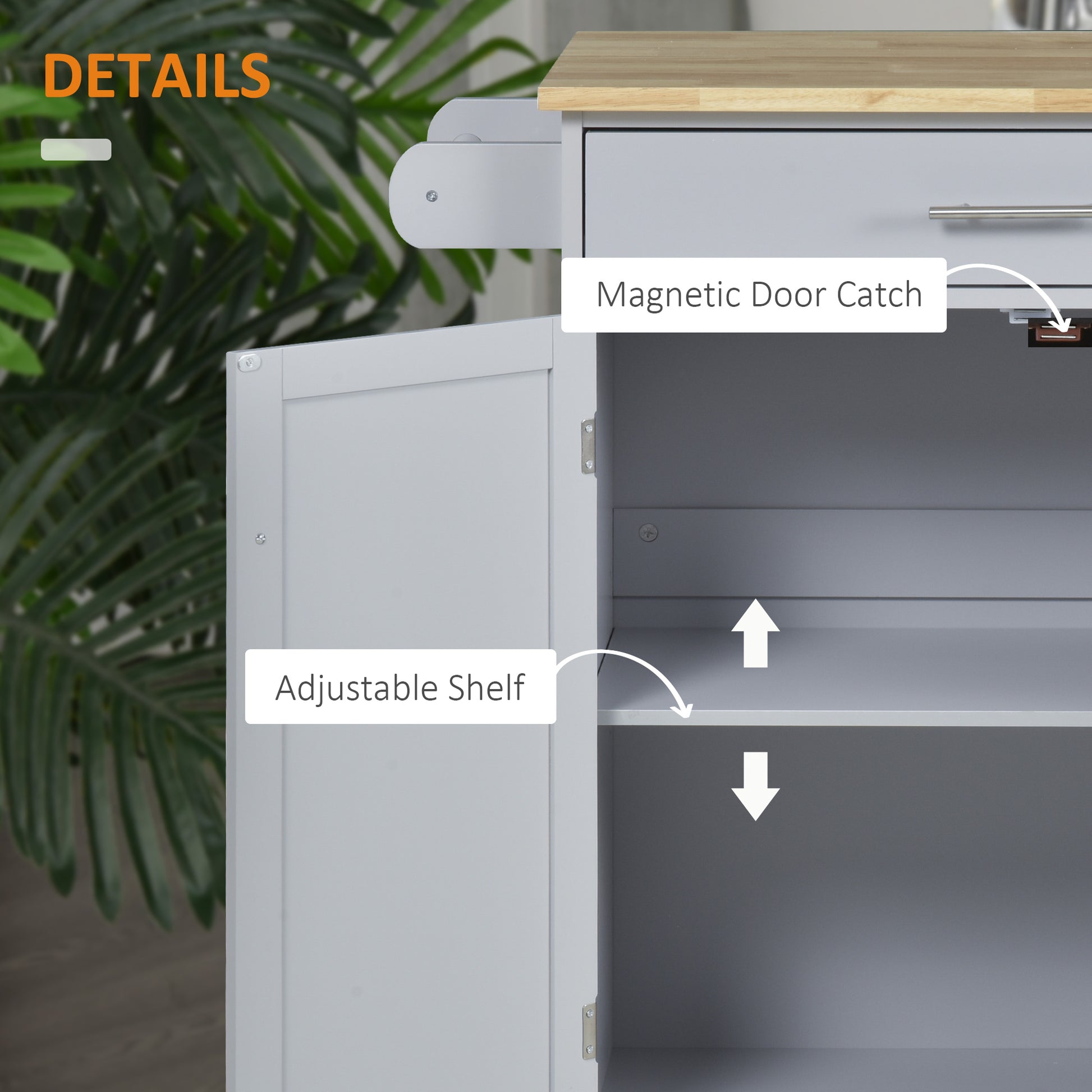 Gray kitchen cart with a smooth magnetic door catch