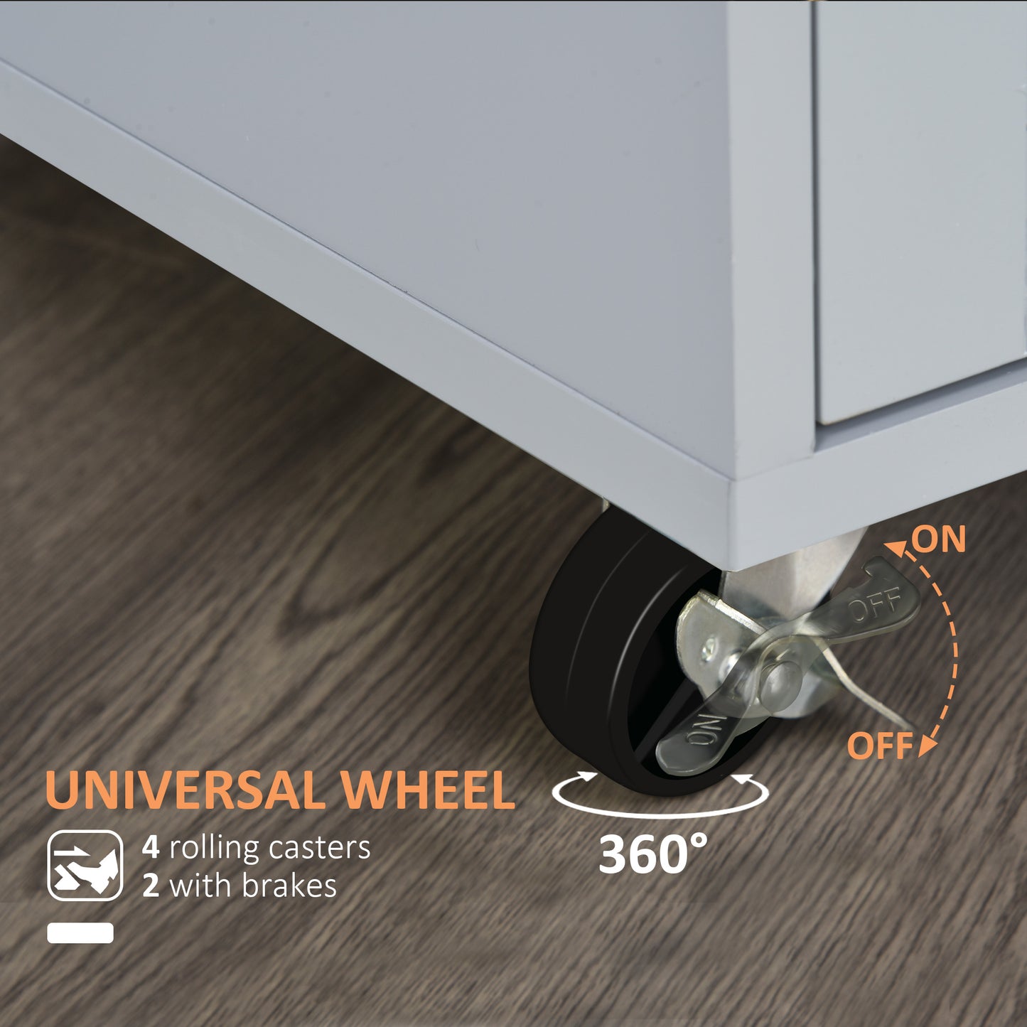 Gray rolling cabinet caster with brake lever indicating ONOFF functionality