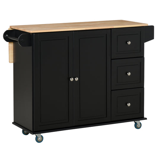 Black kitchen island cart with butcher block top and drop leaf