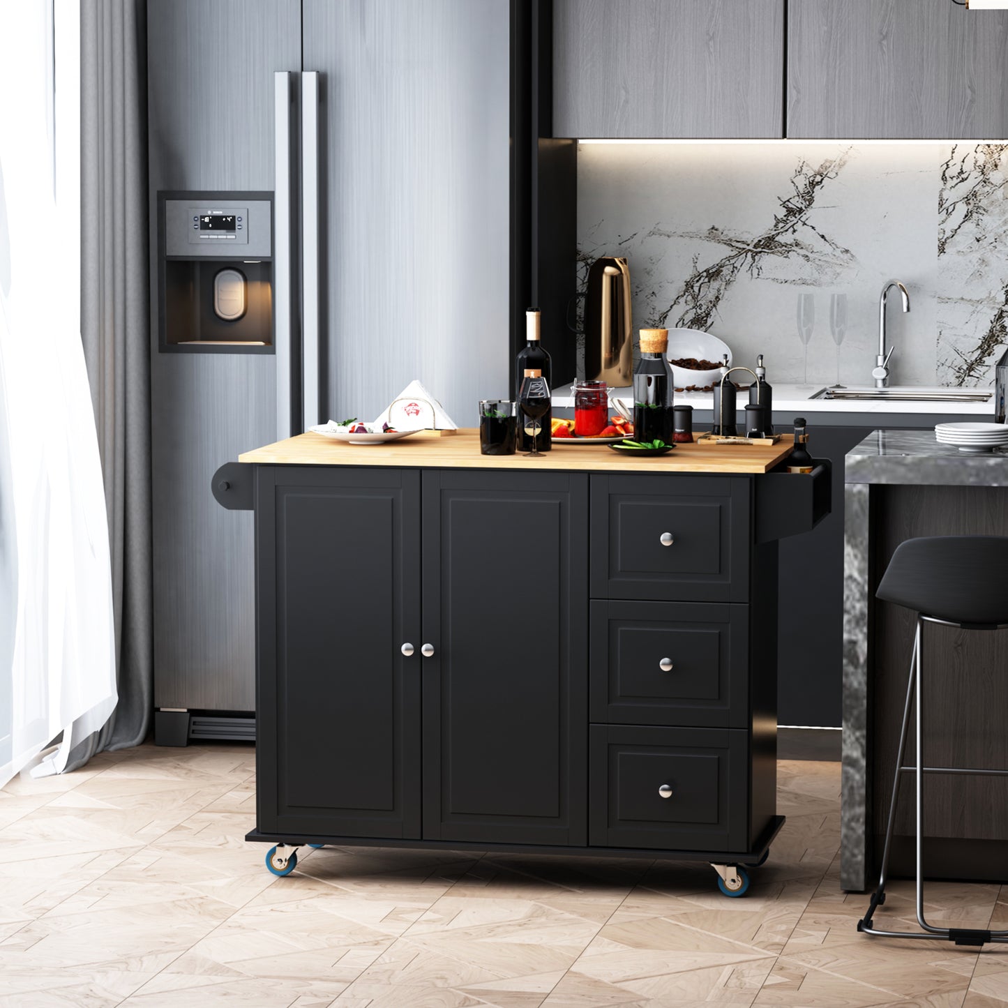 Black kitchen island cart with butcher block top and silver hardware