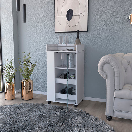 White bar cart with glass doors and bottle storage