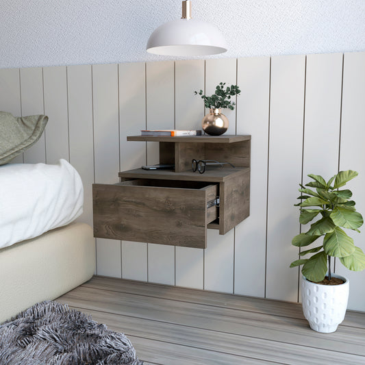 Floating nightstand with open drawer in weathered oak finish