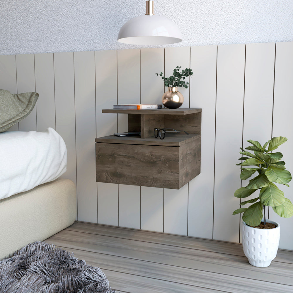 Modern floating nightstand with wood grain drawer and open shelf