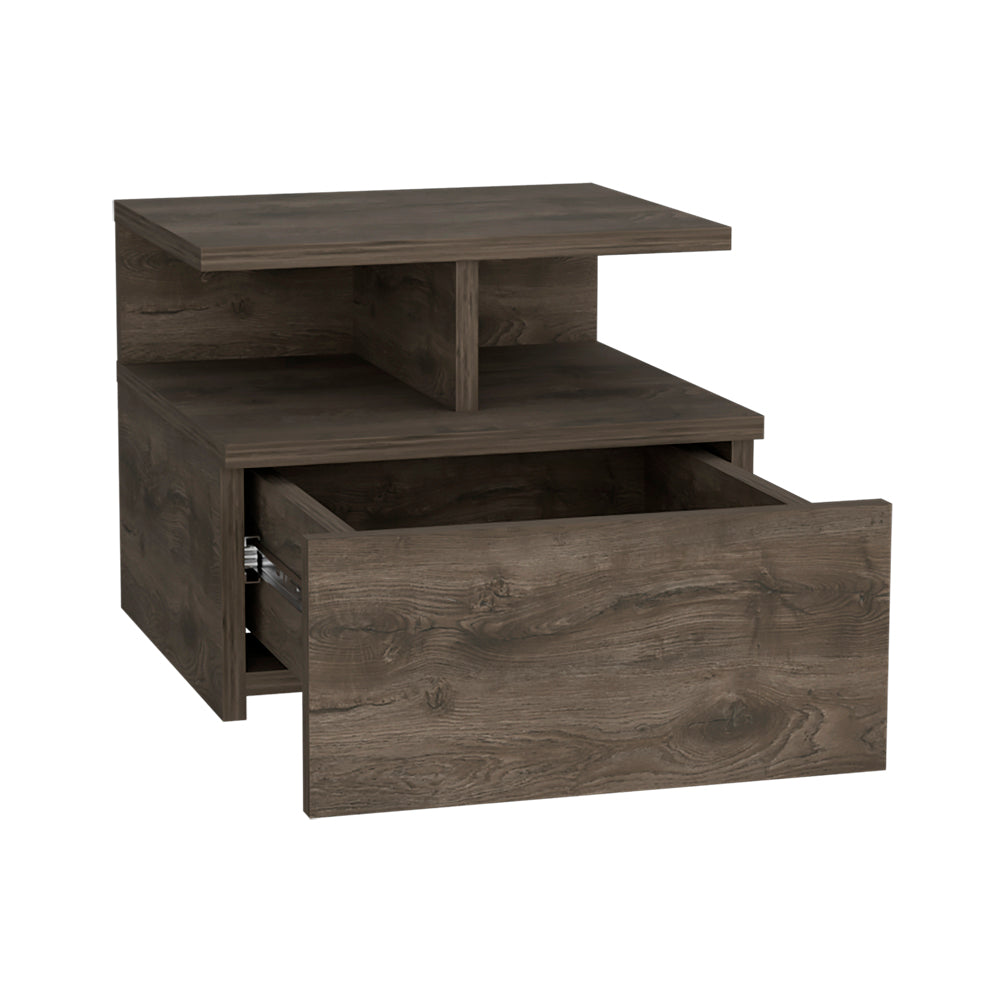 Modern brown wood bedside table with open drawer and shelf