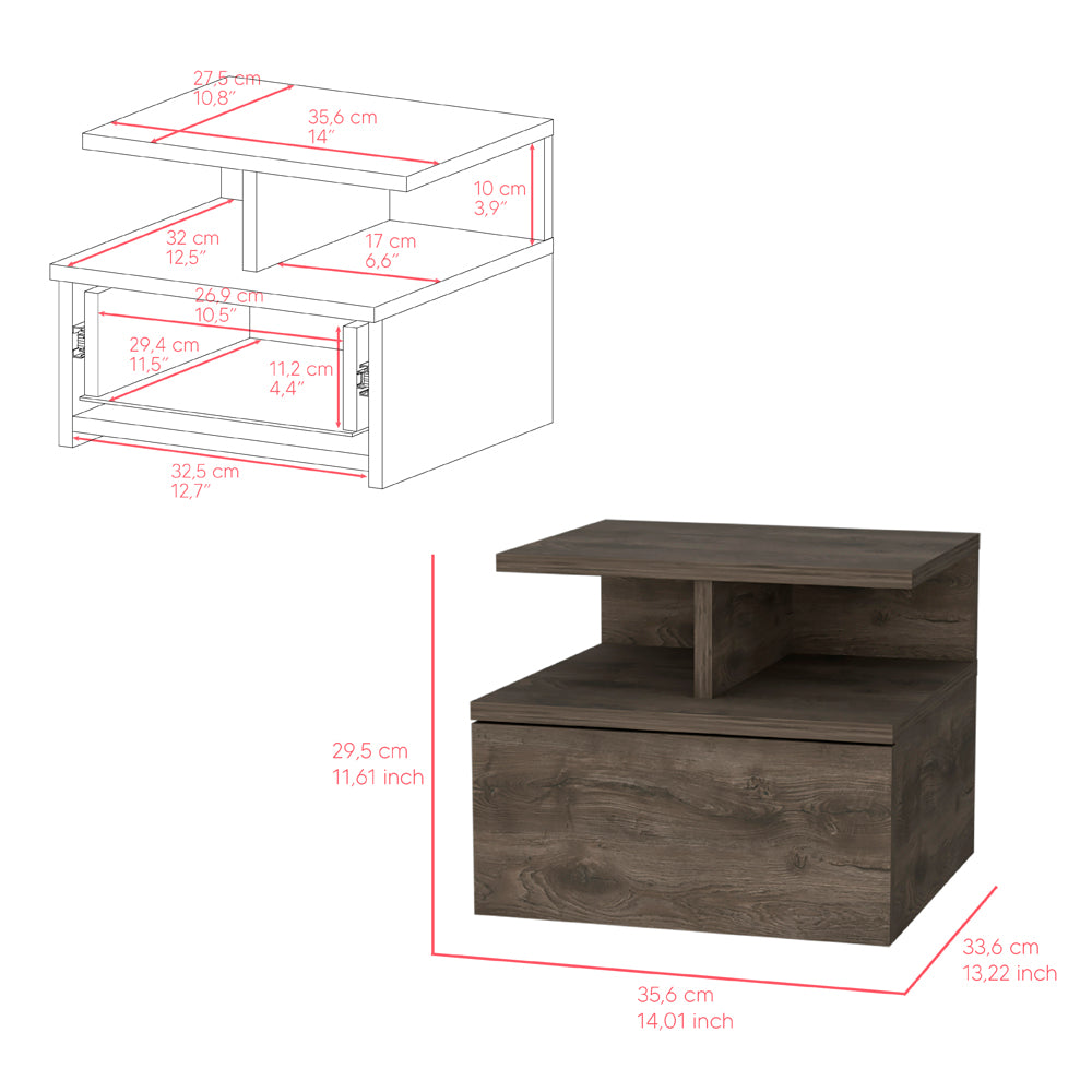 Dark wood veneer nightstand with one drawer and open shelving