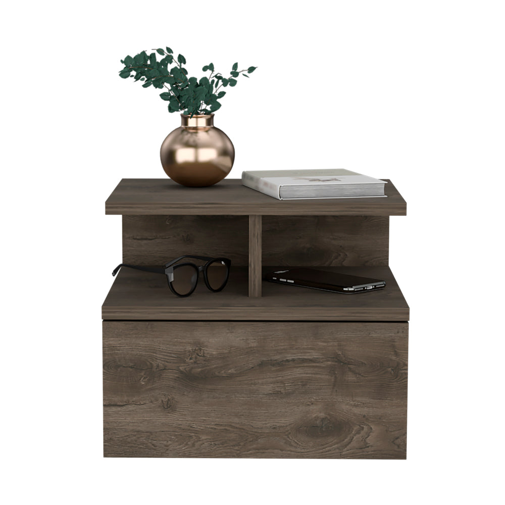 Modern gray wood nightstand with drawer and open shelf
