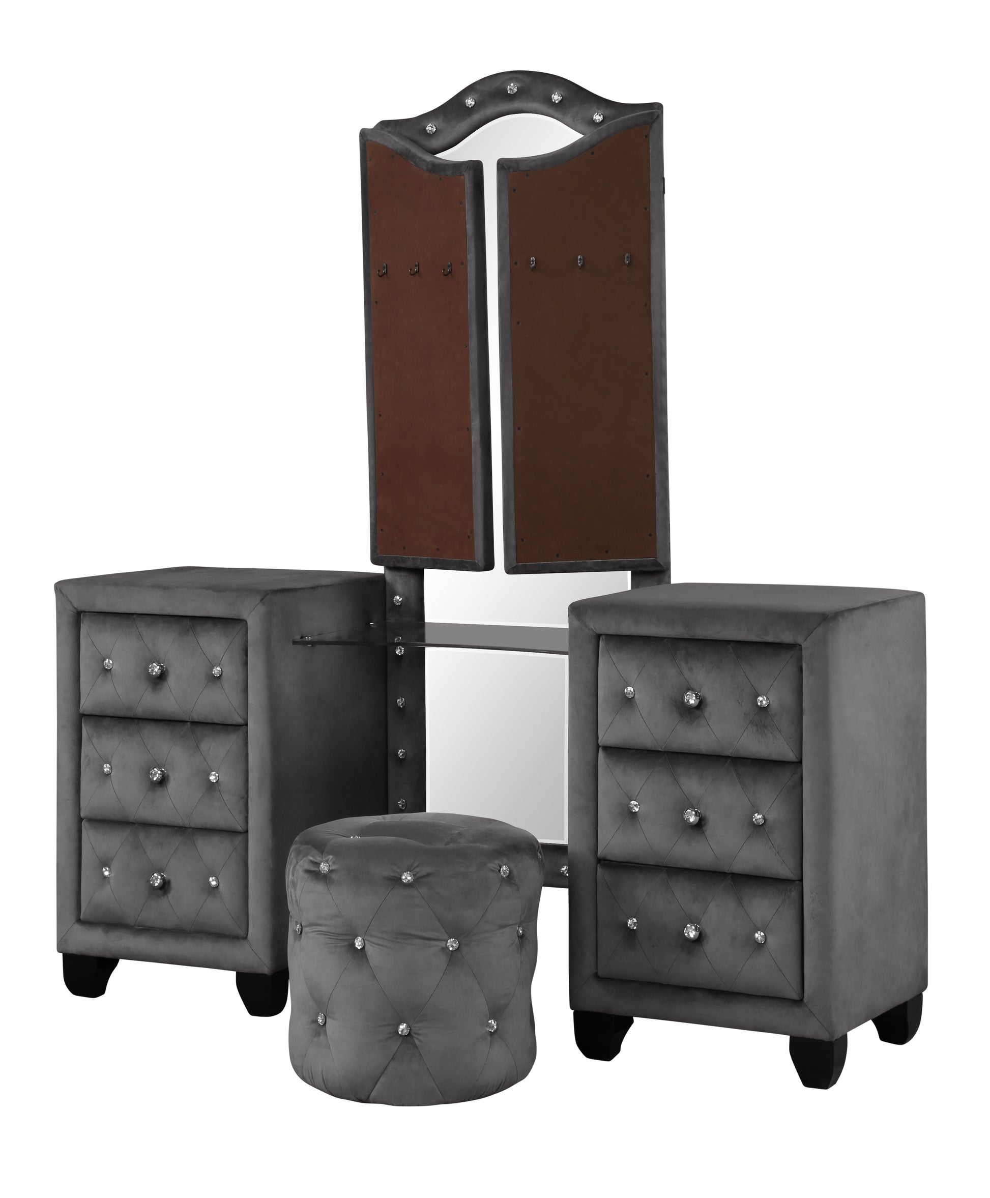Gray velvet vanity set with diamond tufting and mirror