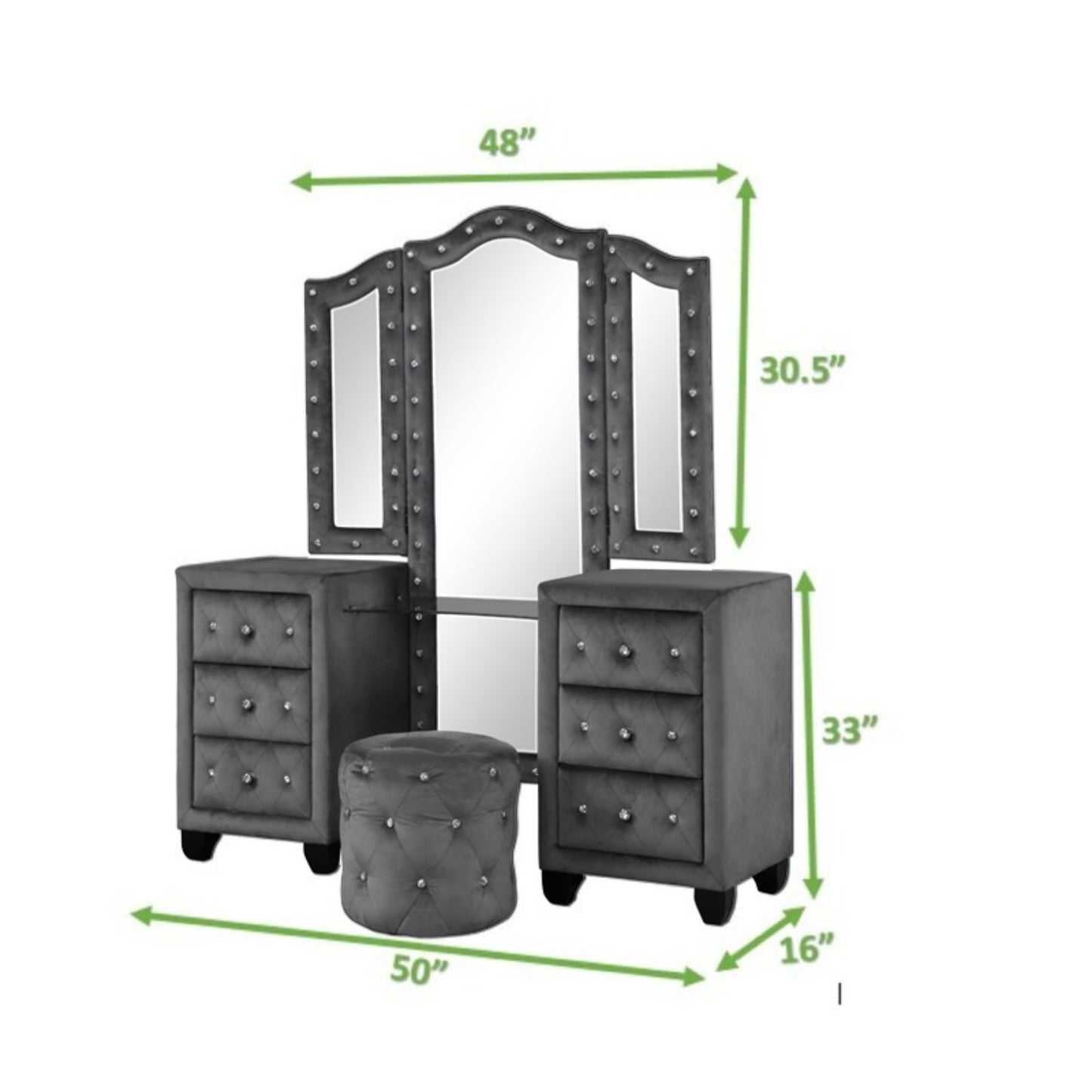 Gray velvet vanity set with crystal accents and triptych mirror