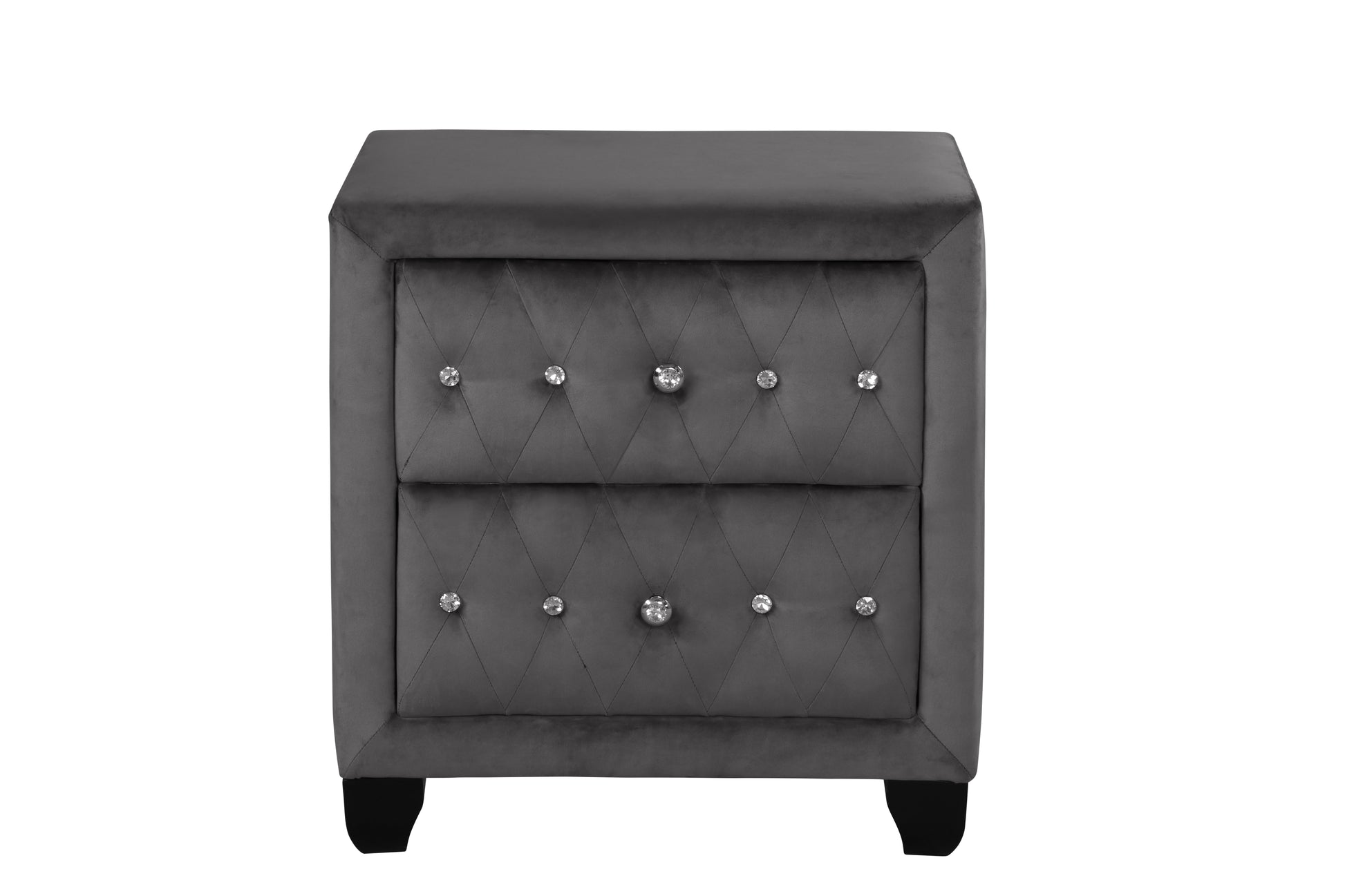 Gray velvet nightstand with diamond tufting and crystal knobs