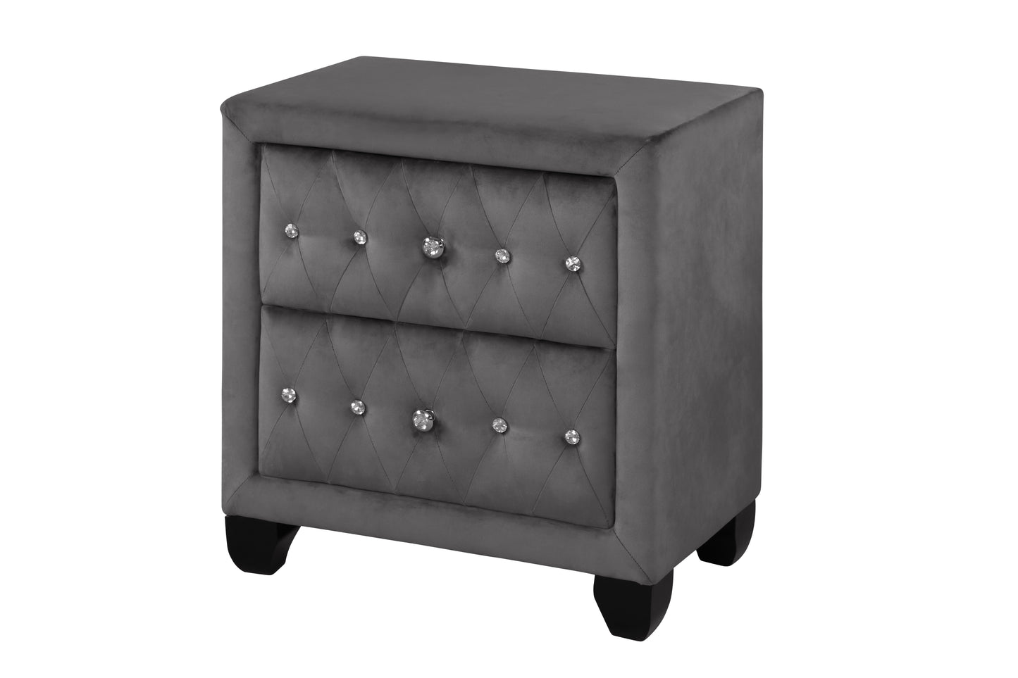 Gray velvet tufted nightstand with crystal knobs