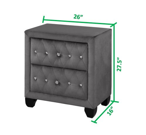 Gray velvet nightstand with two diamondtufted drawers