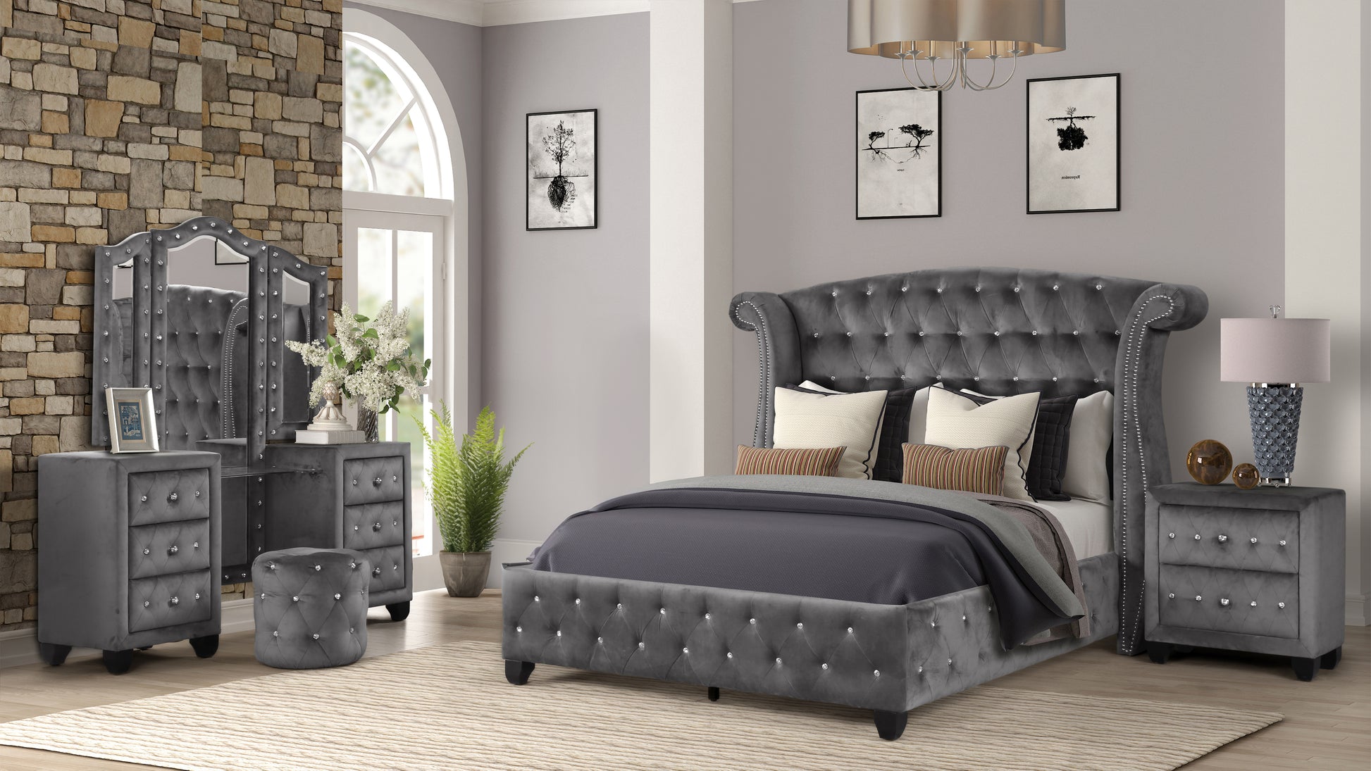 Tufted grey velvet queen bed frame with crystal accents and winged headboard