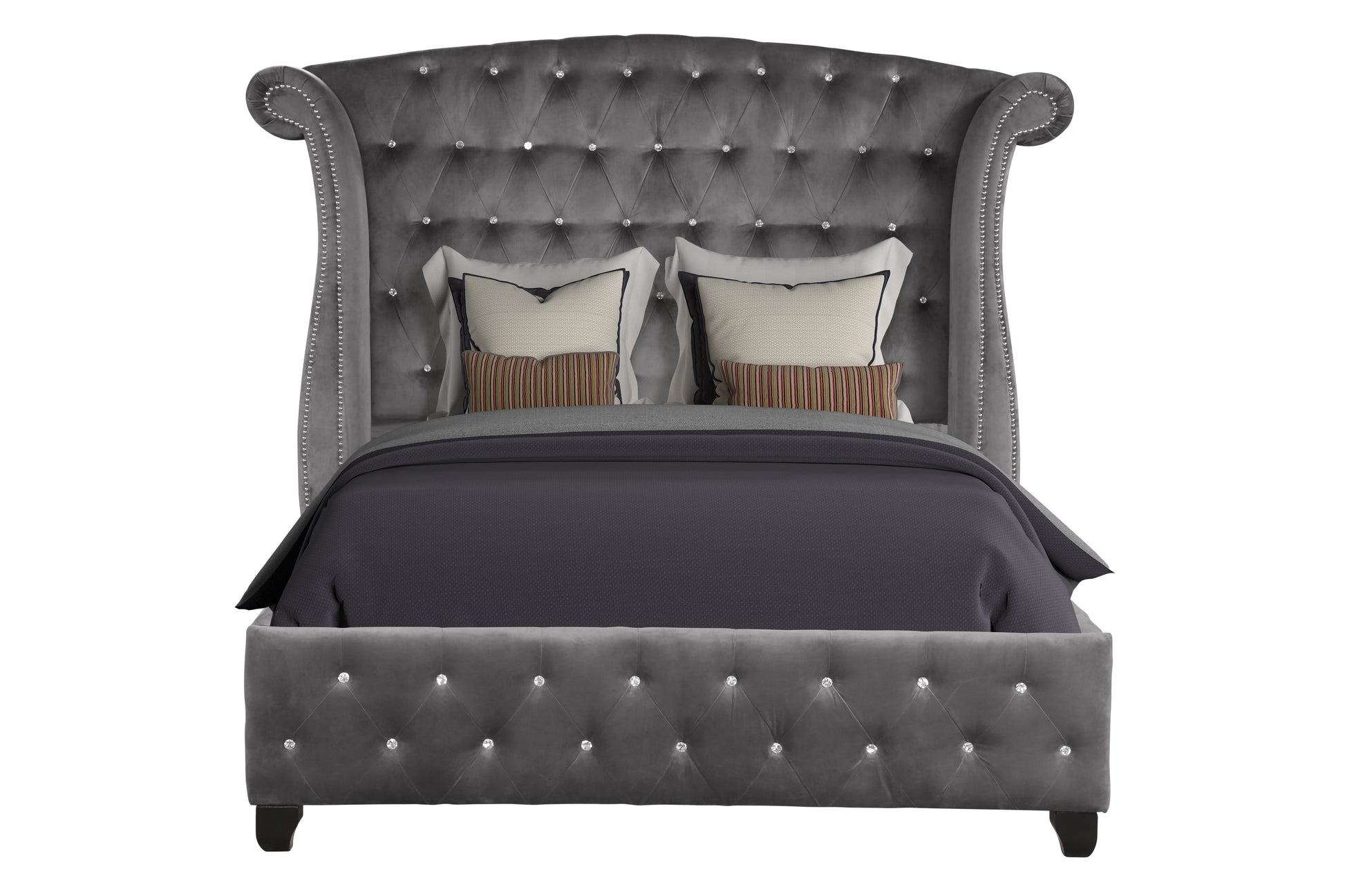 Elegant grey velvet wingback bed with diamond tufting and crystal accents