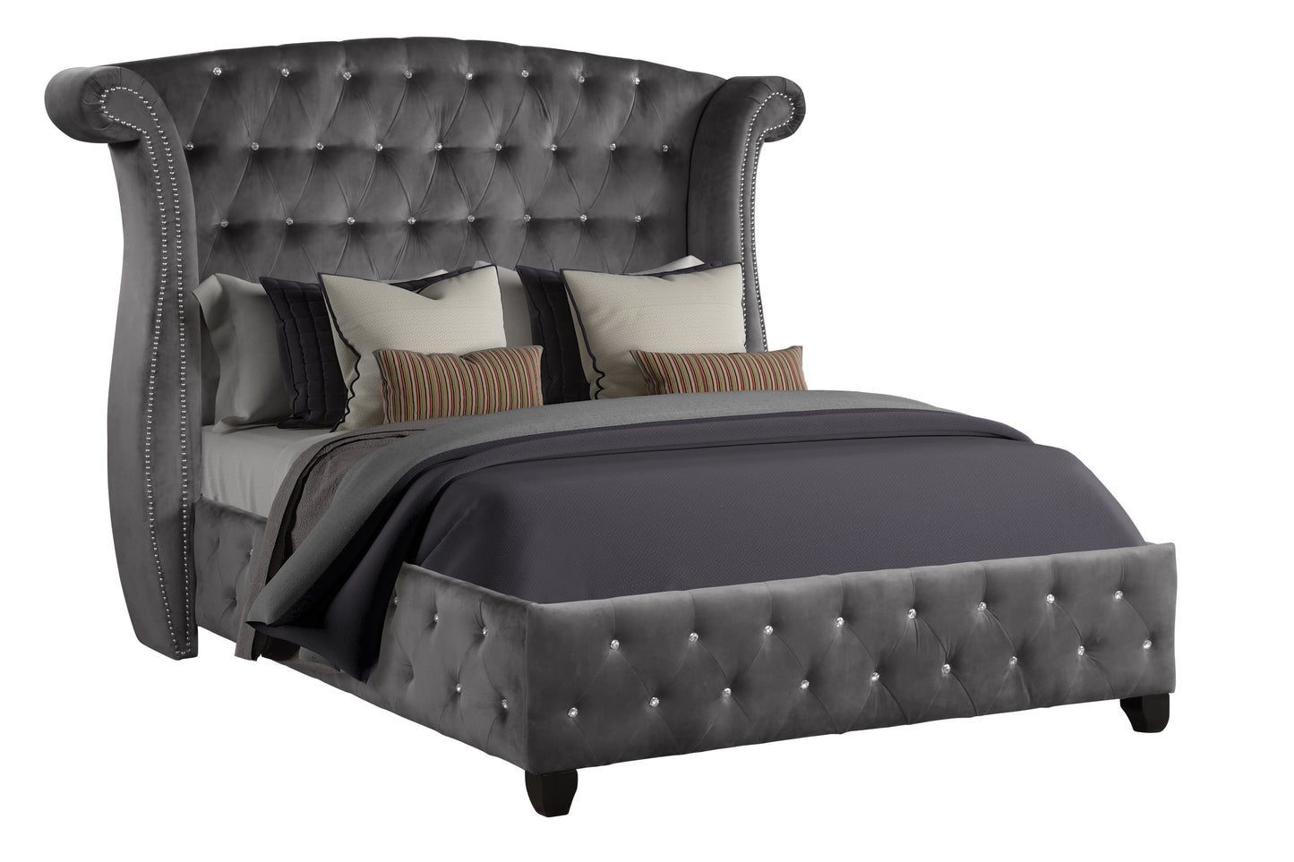Grey velvet tufted queen bed with crystal accents and rolled headboard