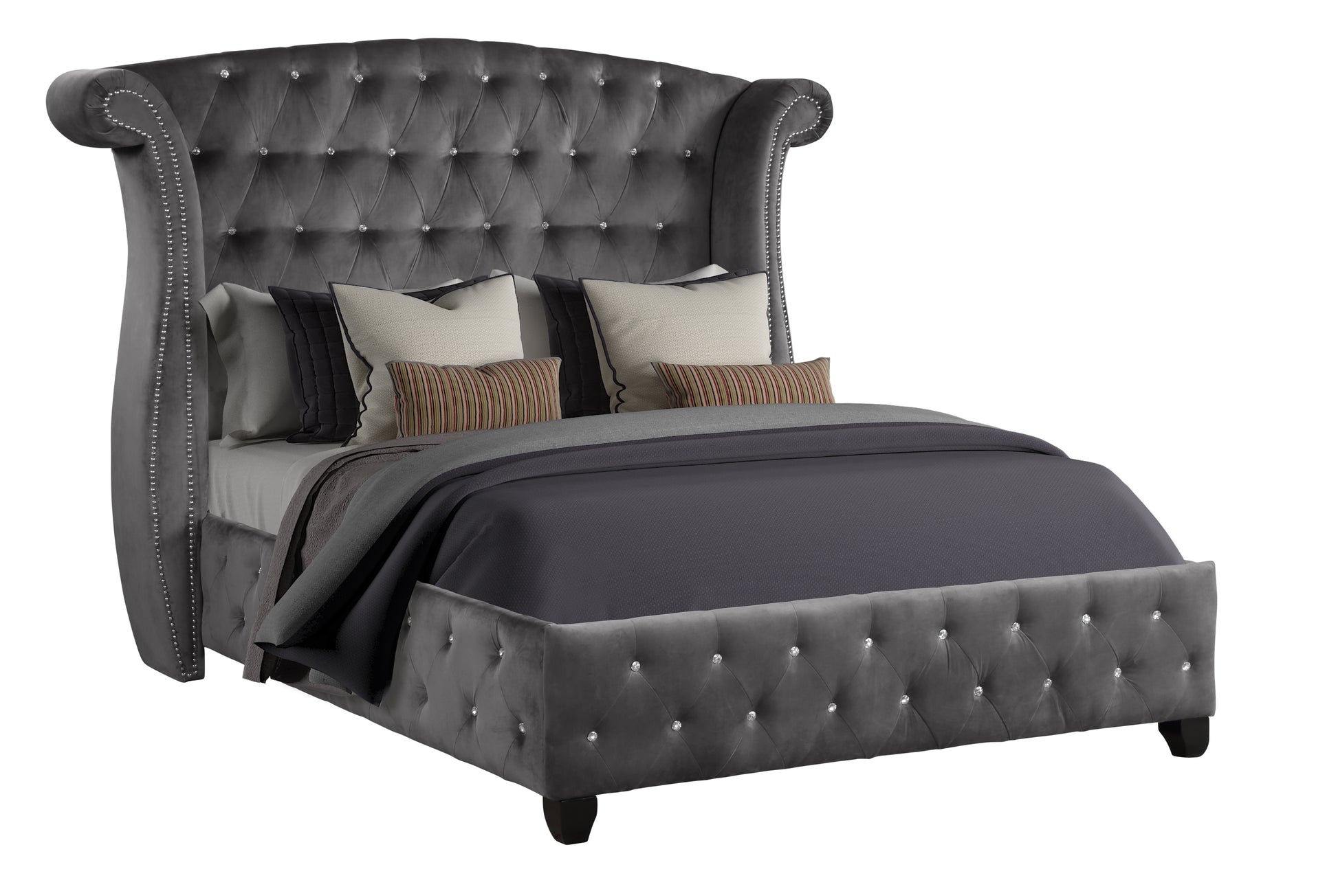Grey velvet tufted queen bed with crystal accents and rolled headboard