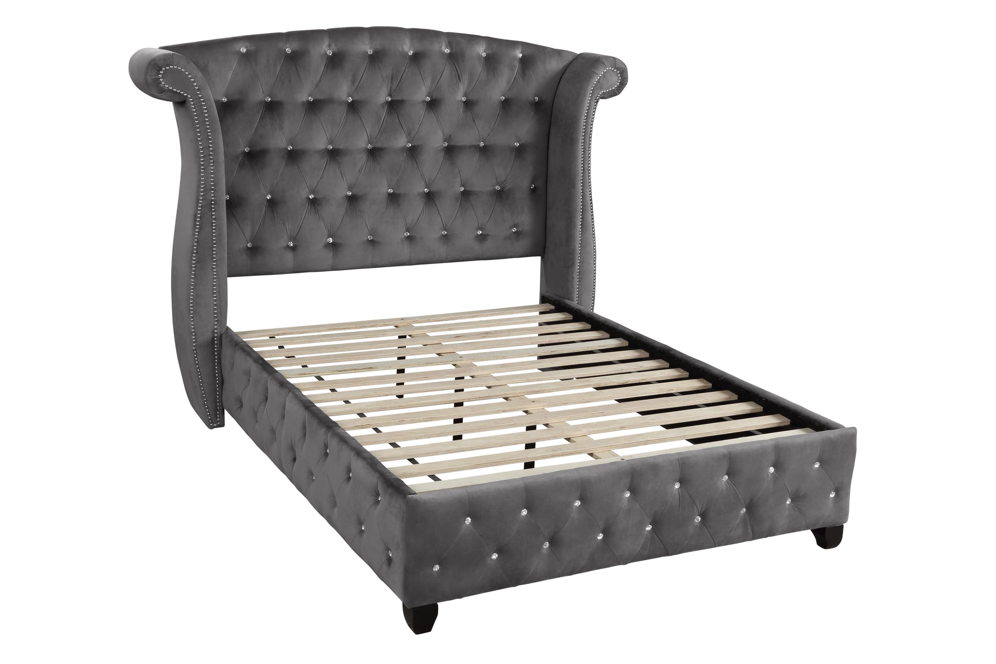 Grey velvet tufted wingback bed frame with crystal accents and slatted base