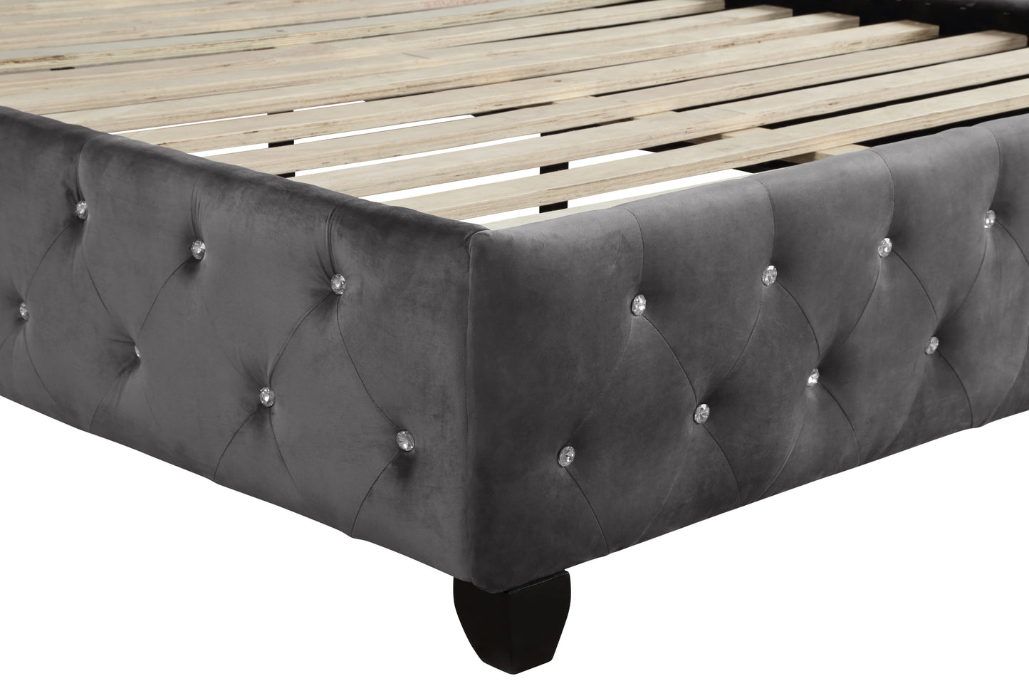 Gray velvet bed frame with crystal tufting and wooden slats
