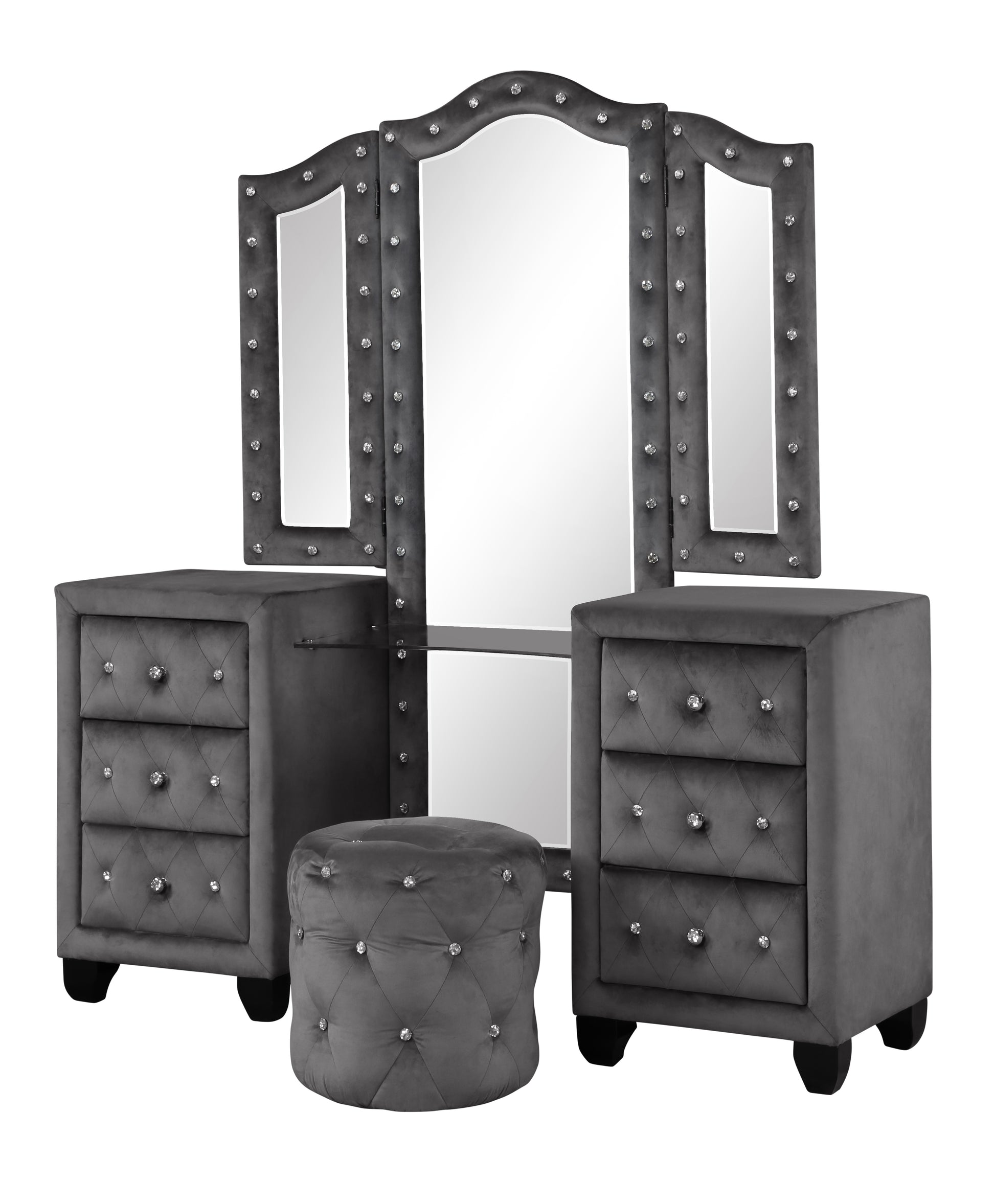 Grey velvet vanity set with trifold mirror and crystal accents