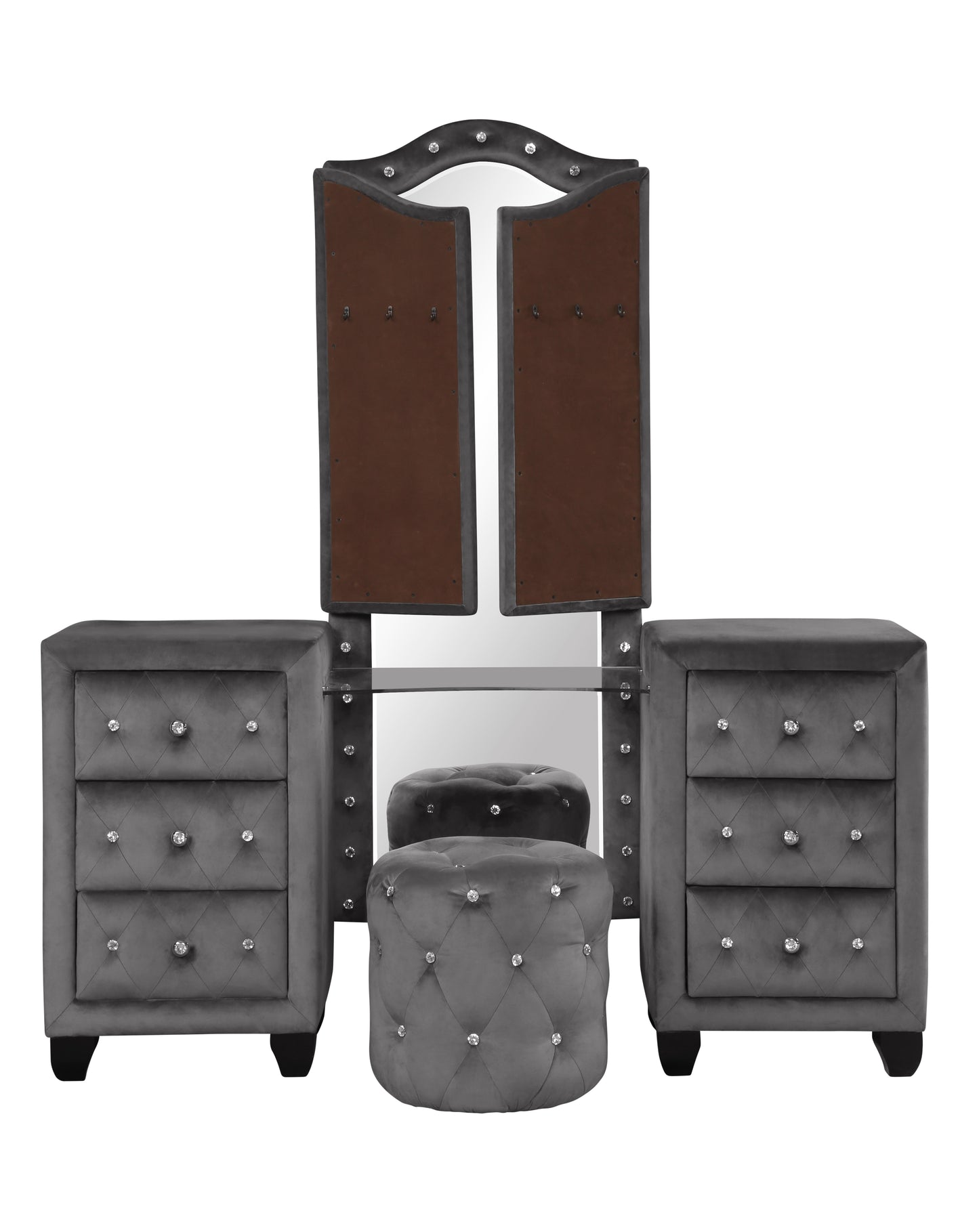 Gray velvet vanity set with crystal accents and tufted ottoman