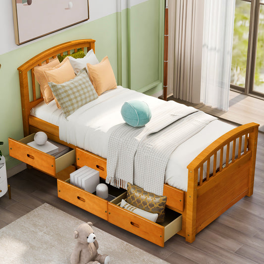 Wooden twin bed with arched headboard and six storage drawers