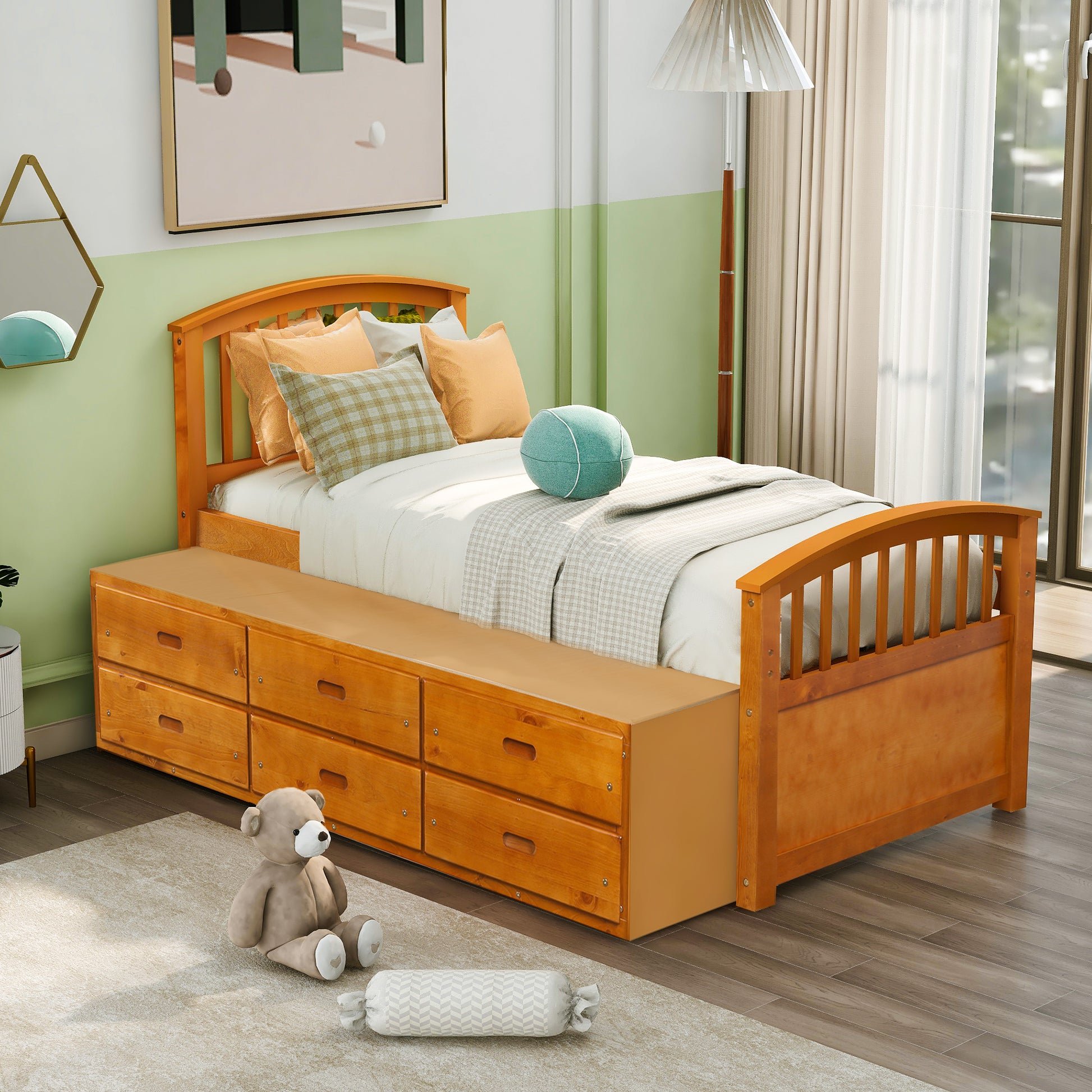 Natural wood twin bed frame with eight drawers