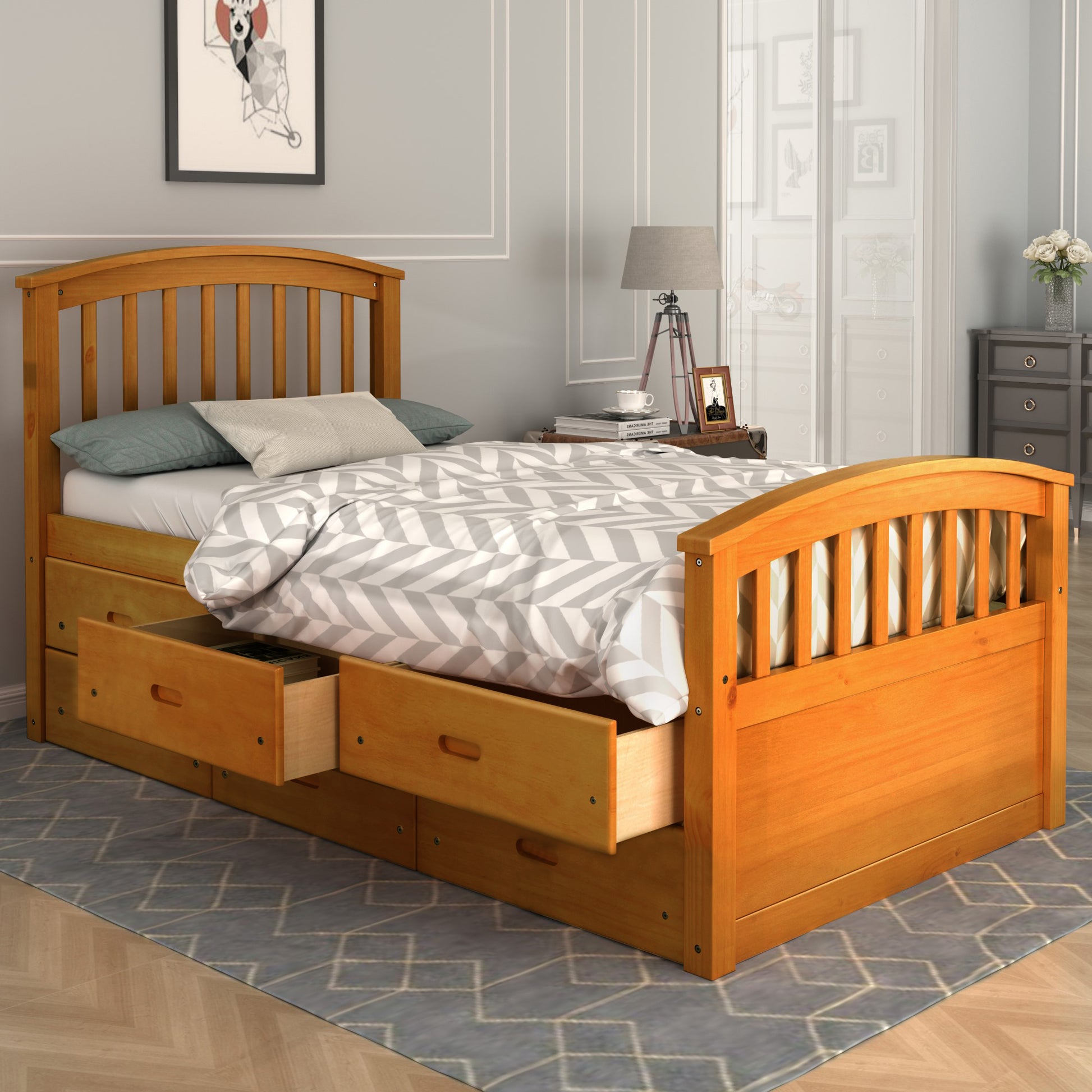 Honey pine wood twin bed with arched slatted headboard and storage drawers
