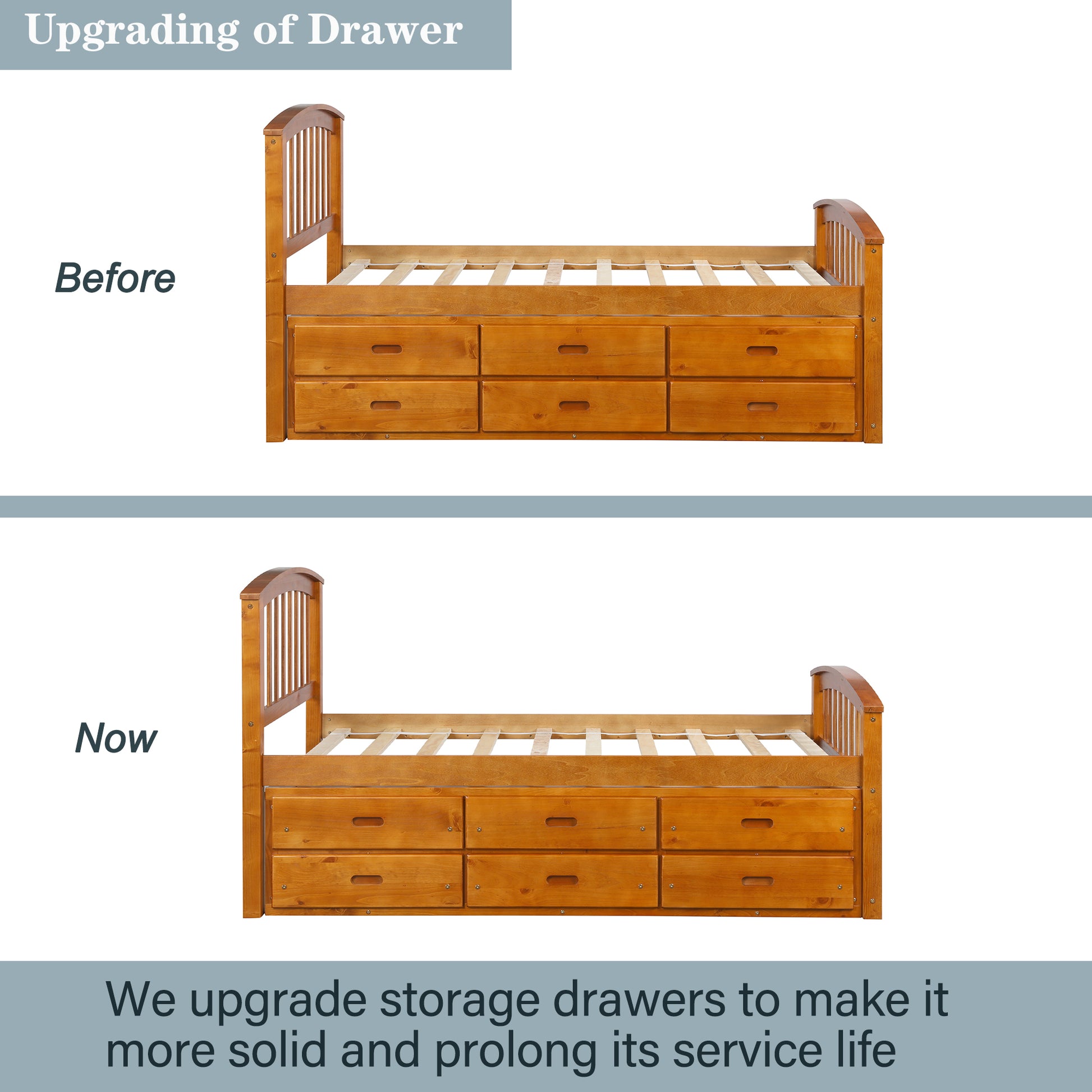 Wooden twin bed frame with six storage drawers in warm honey oak finish