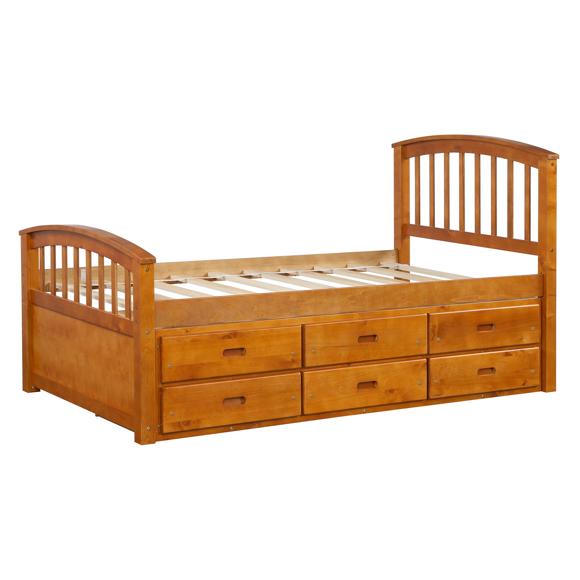 Solid wood twin bed frame in honey oak finish with six builtin storage drawers