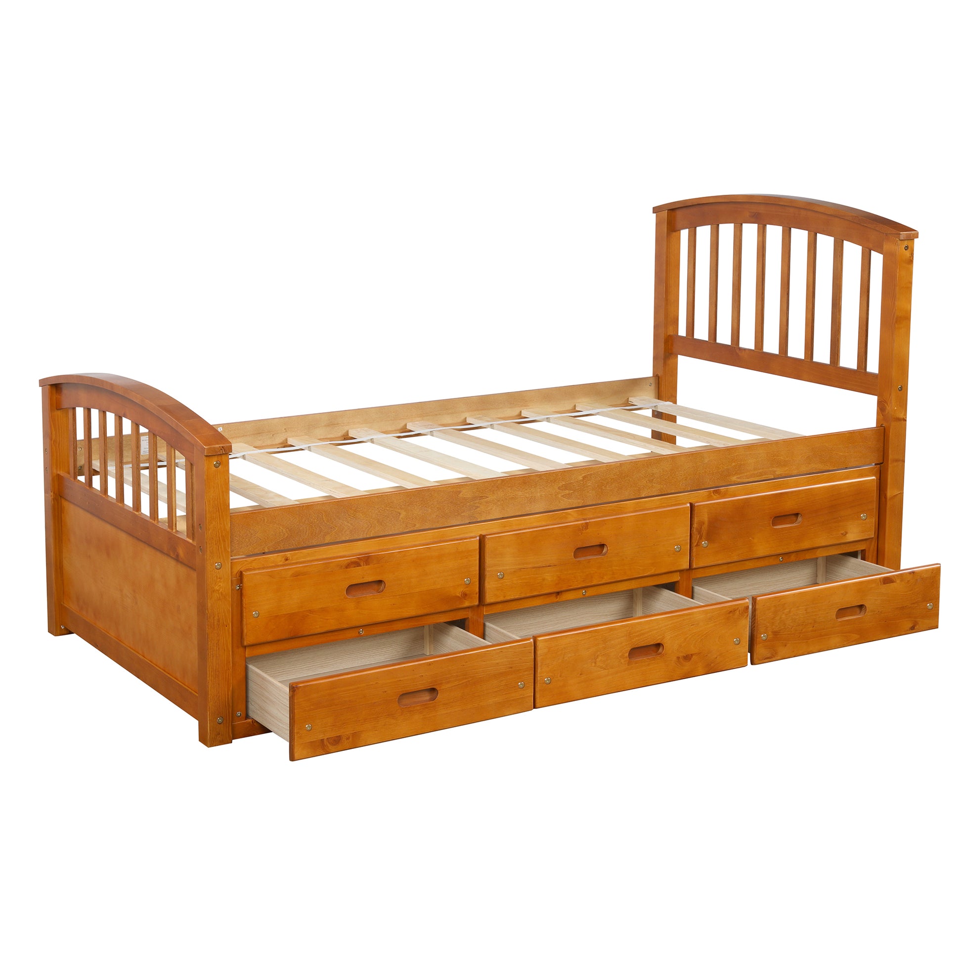Solid wood twin bed frame with six drawers for storage