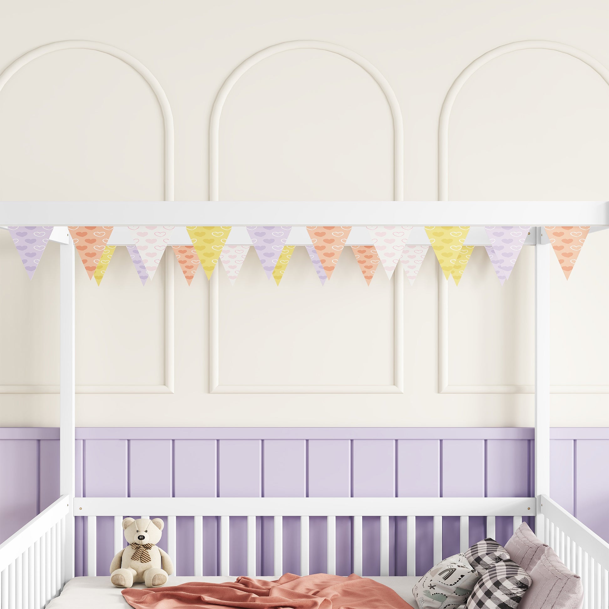 Pink heart pattern bunting on white string for nursery decor