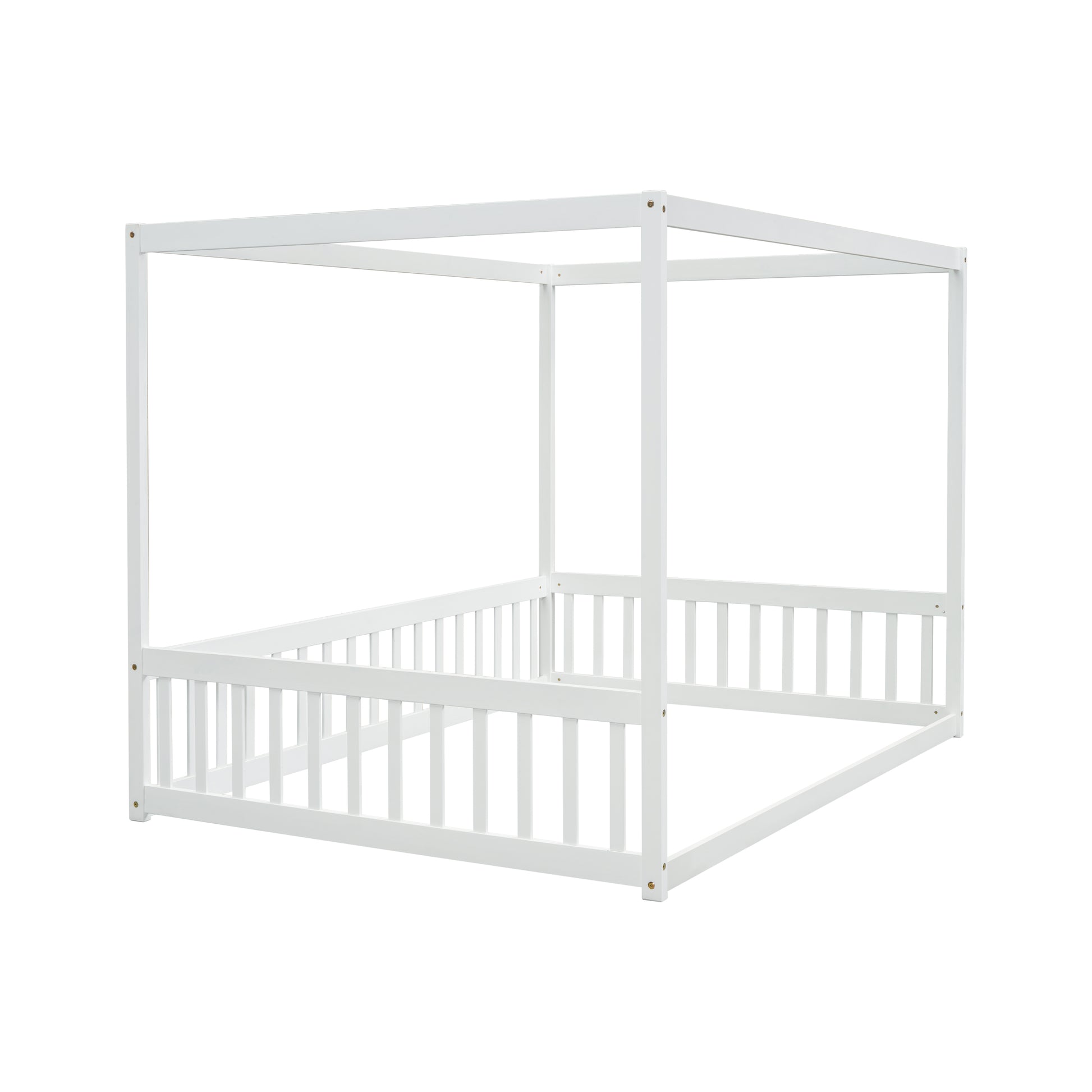 White wooden canopy bed frame with slatted sides modern kids furniture style
