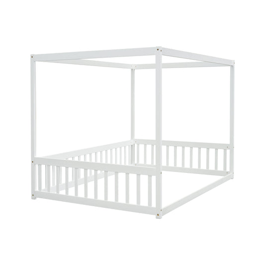 White wooden canopy bed frame with slatted sides modern kids furniture style