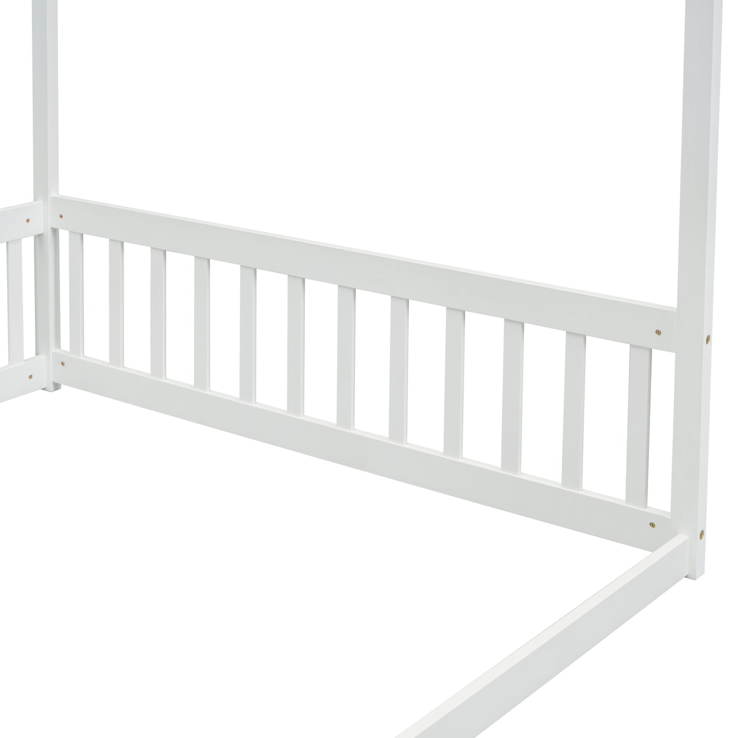 White wooden canopy bed frame detail with vertical slats
