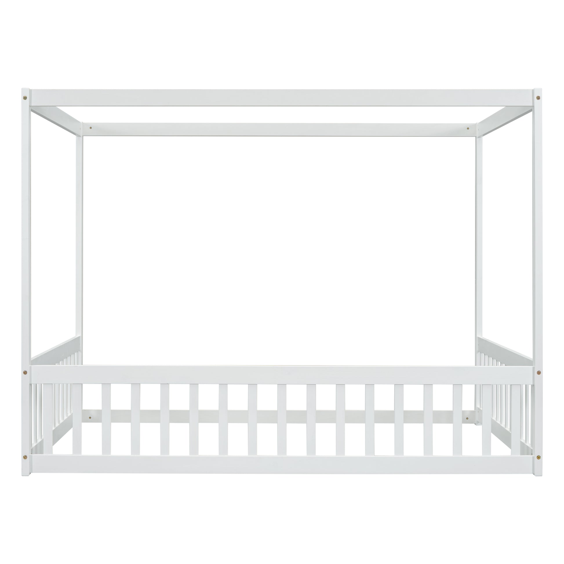 White wooden canopy bed frame with slatted headboard