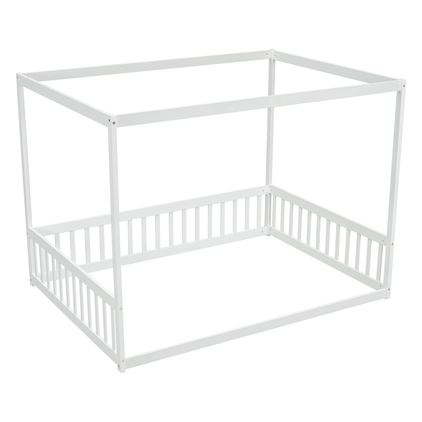 White wooden canopy bed frame for toddlers with slatted side rails