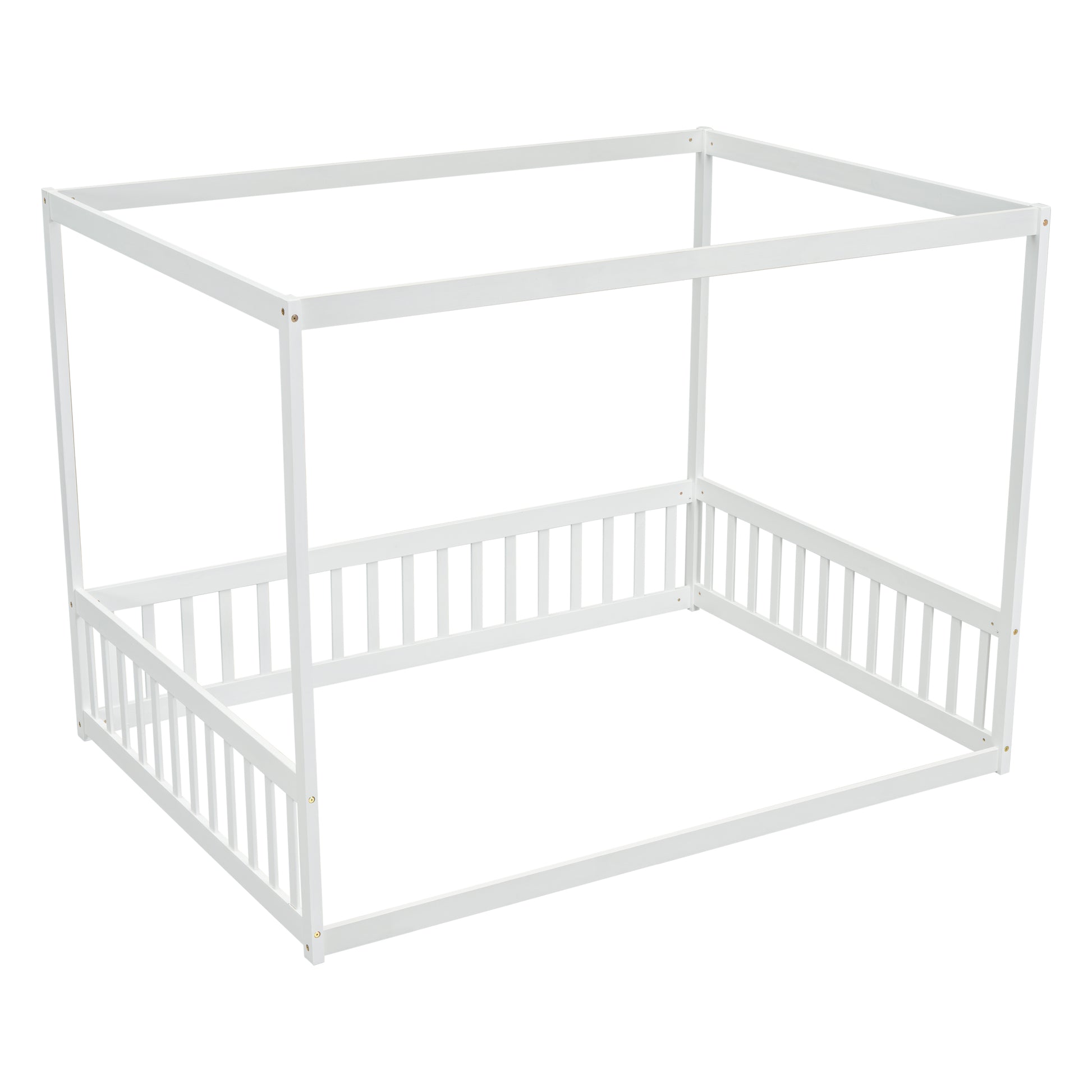 White wooden canopy bed frame for toddlers with slatted side rails
