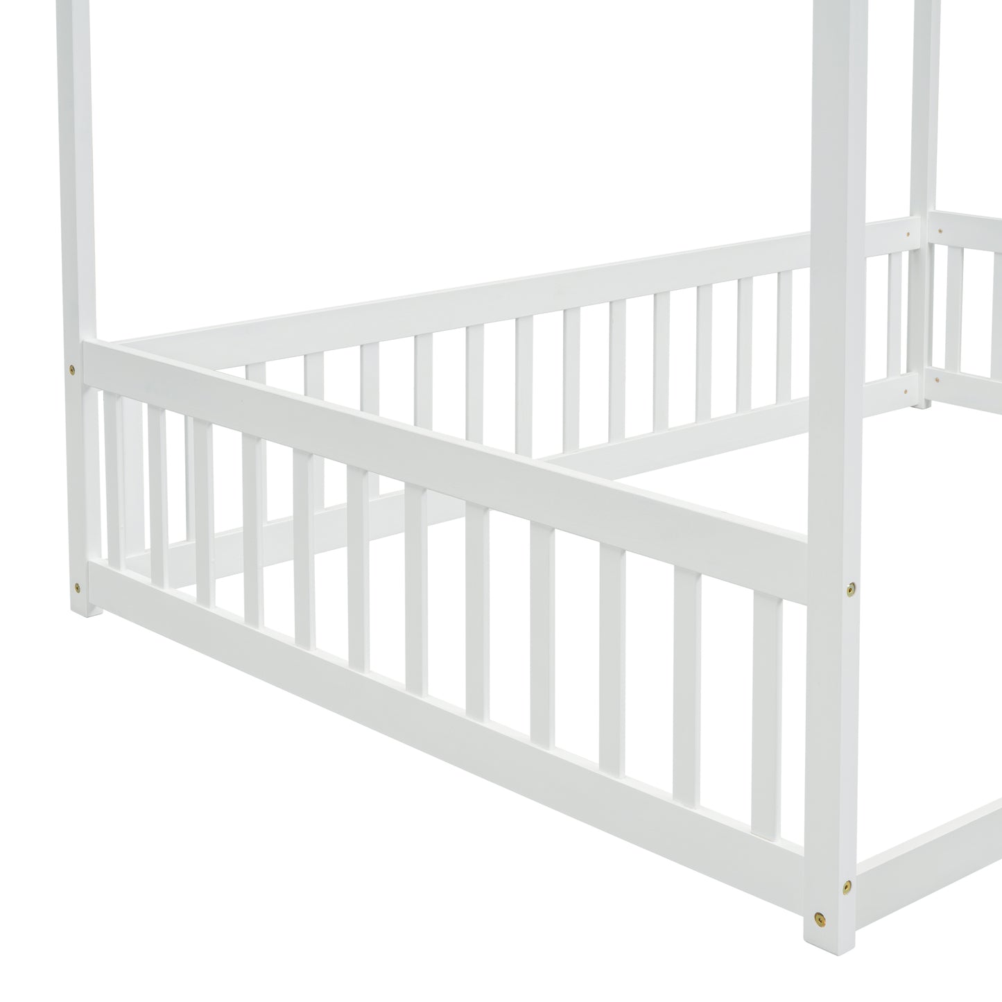 White wooden canopy bed frame with safety rails