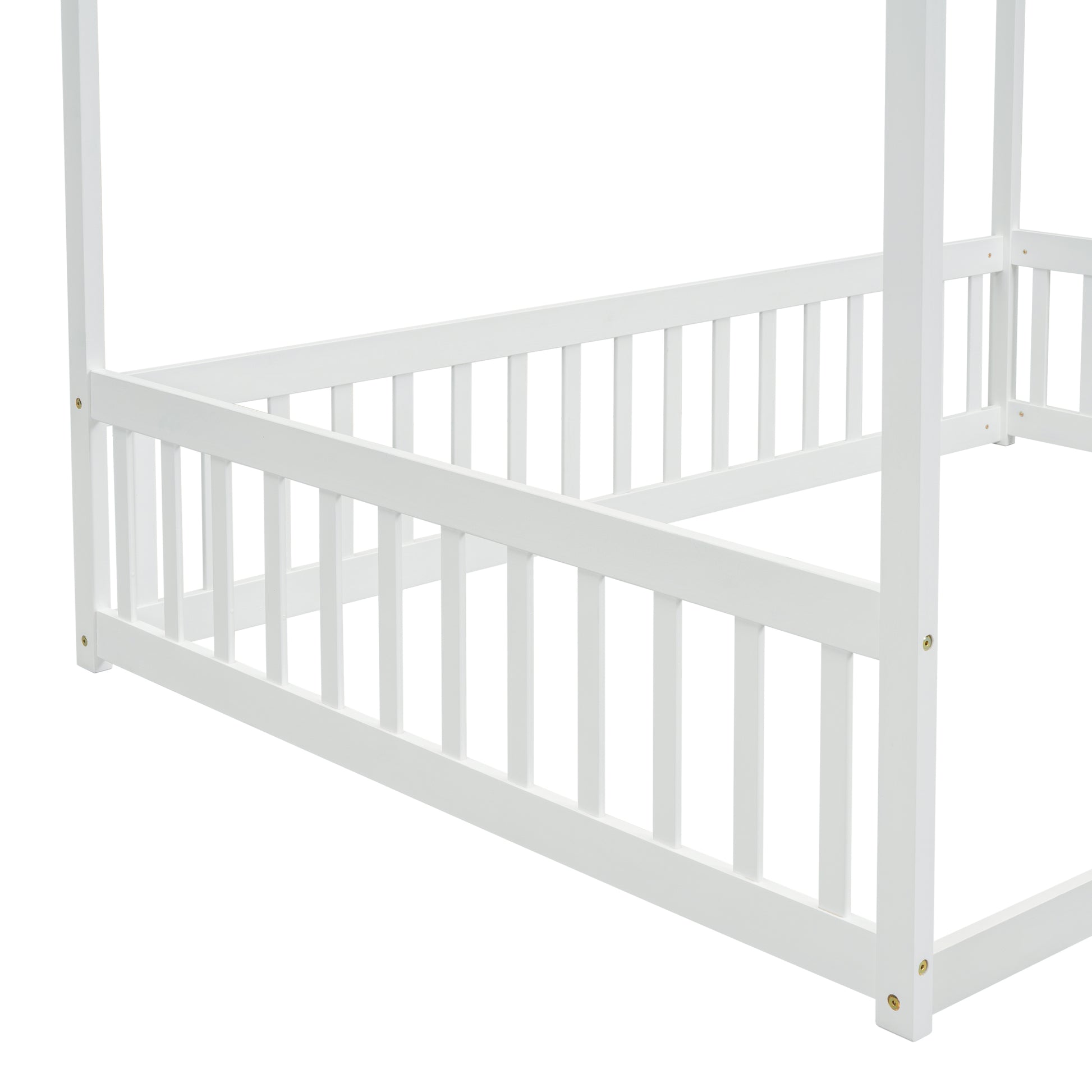 White wooden canopy bed frame with safety rails