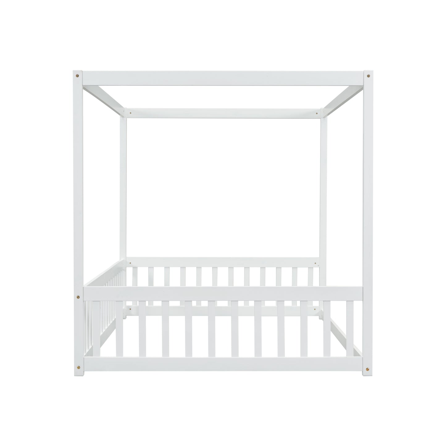 White wooden fourposter bed frame with slatted sides