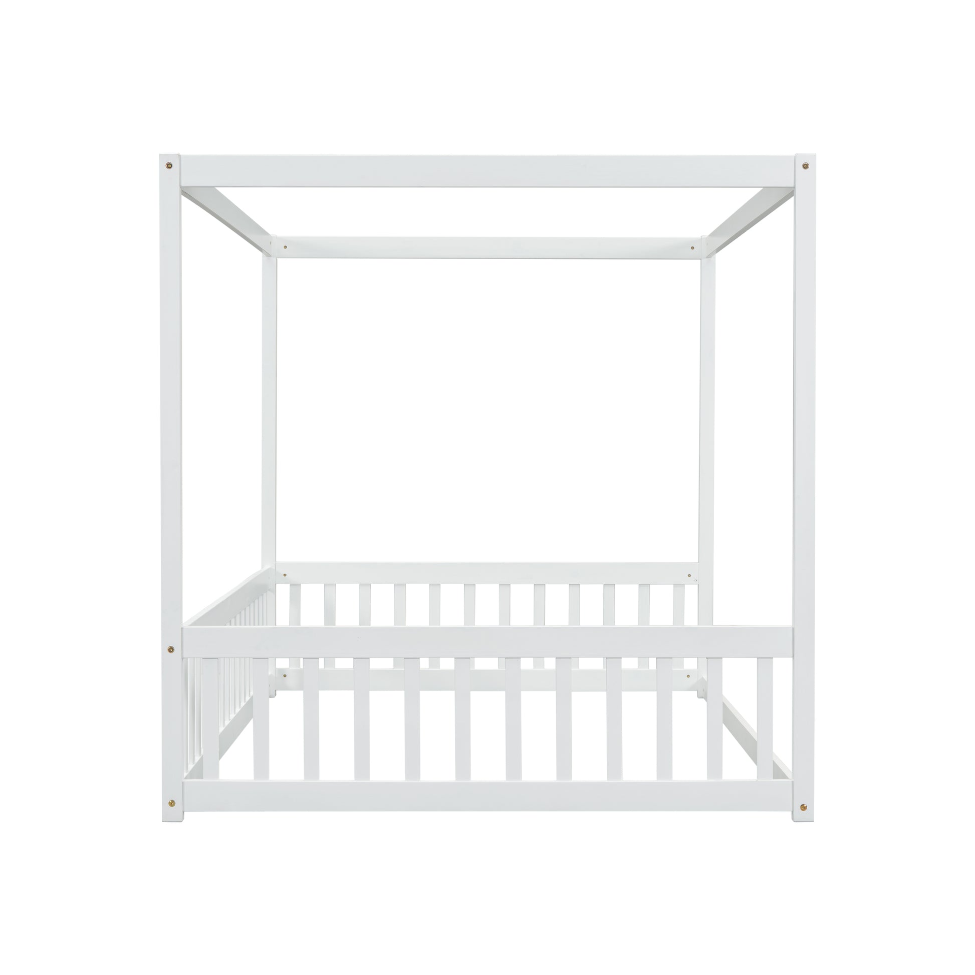 White wooden fourposter bed frame with slatted sides