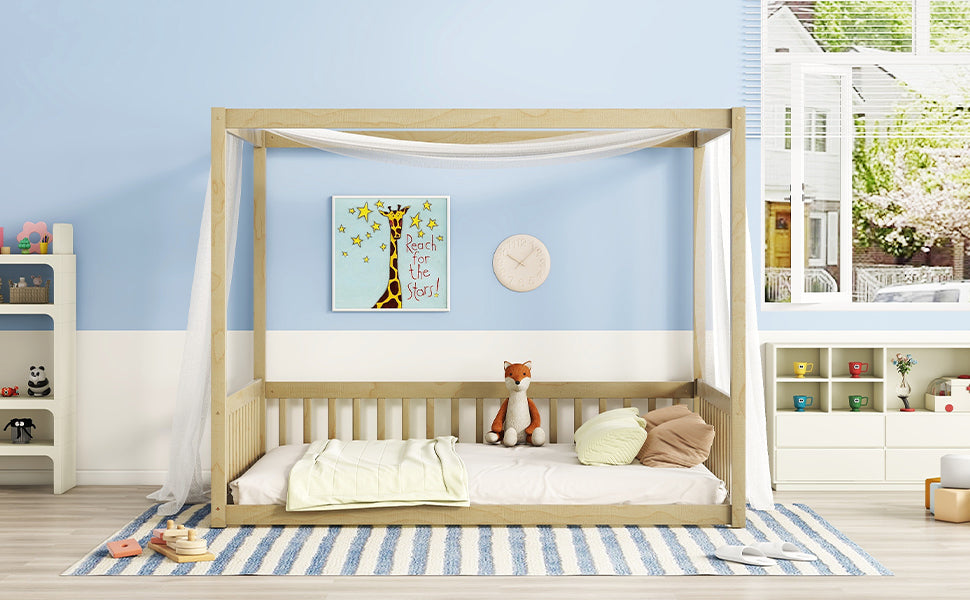 Wooden fourposter kids bed with sheer canopy