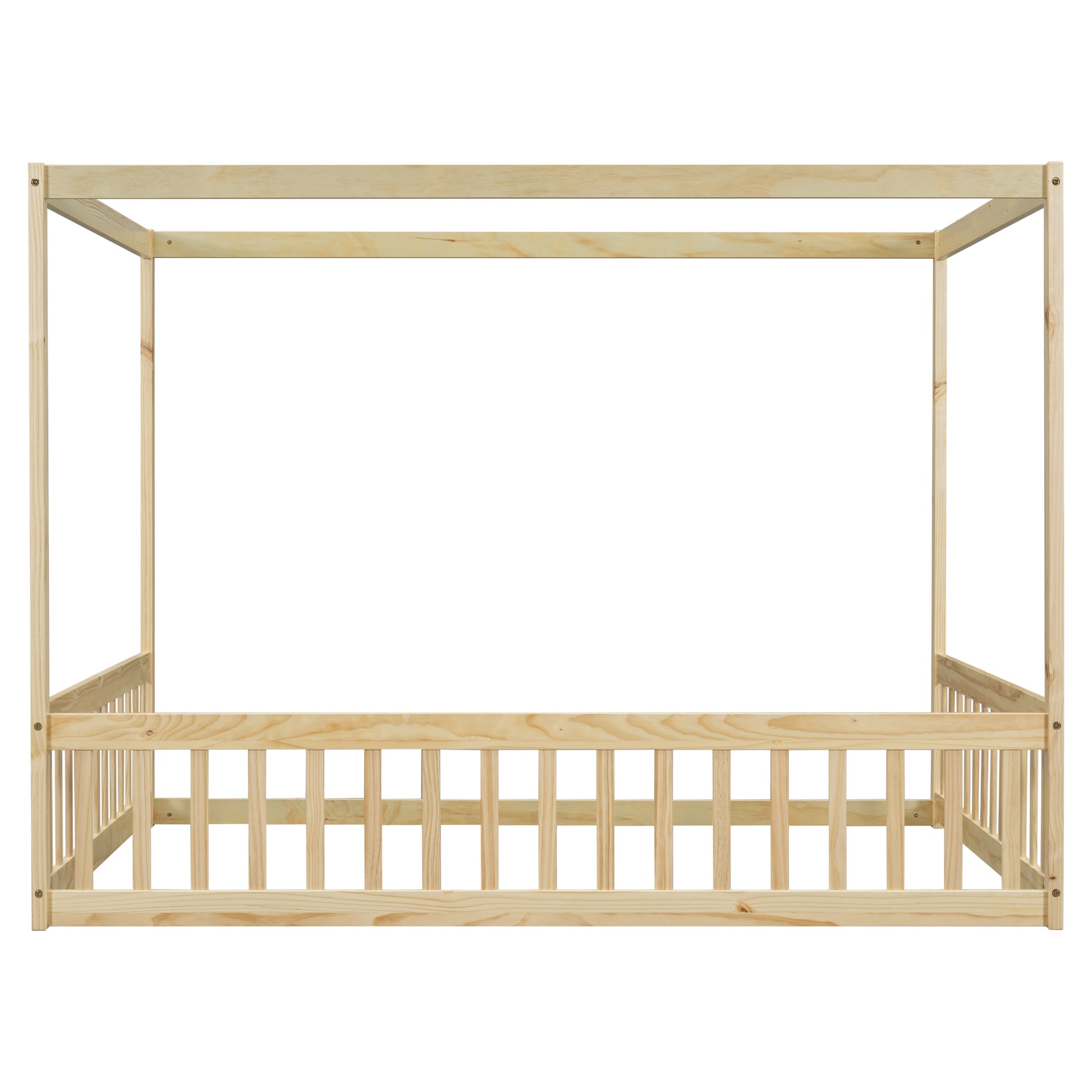 Natural pine wood fourposter bed frame with slatted sides