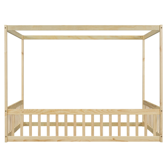 Natural pine wood fourposter bed frame with slatted sides