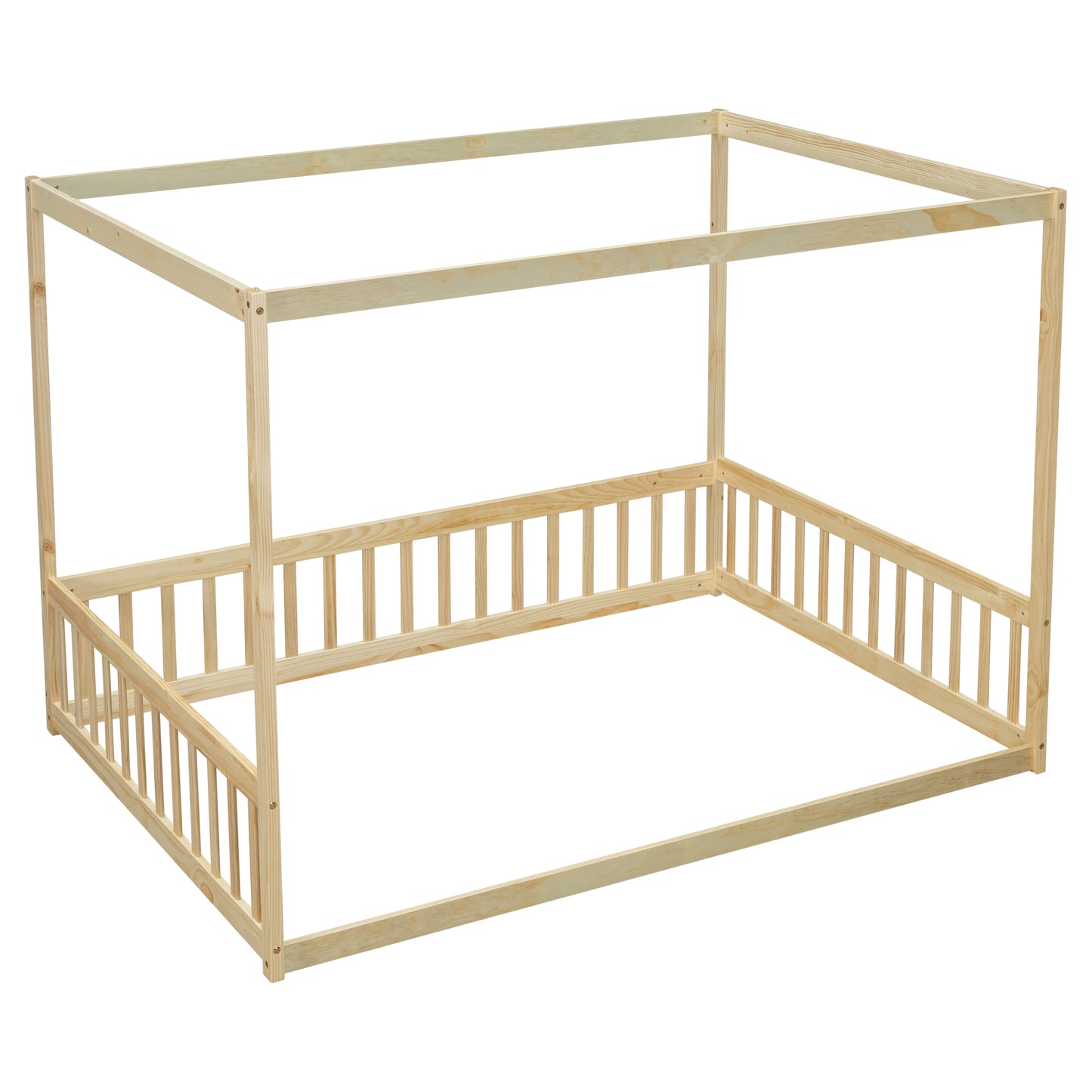 Natural wood toddler bed frame with canopy and railing