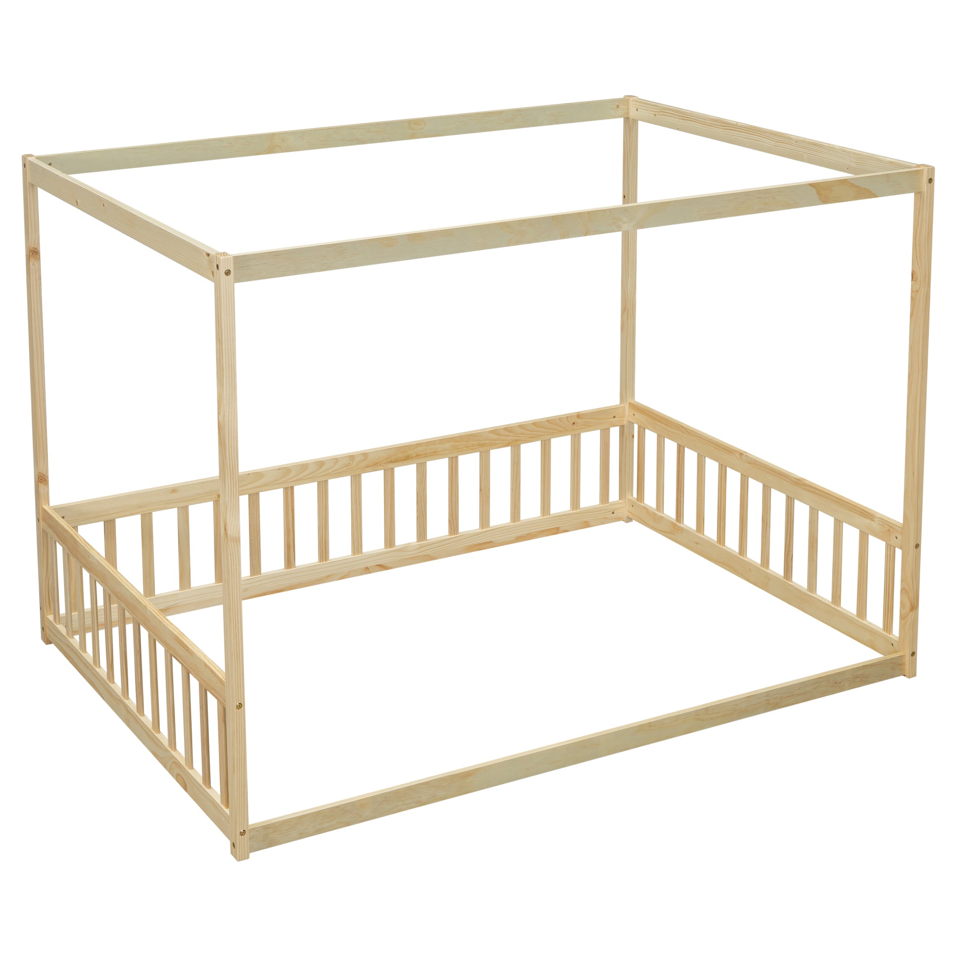 Natural wood toddler bed frame with canopy and railing