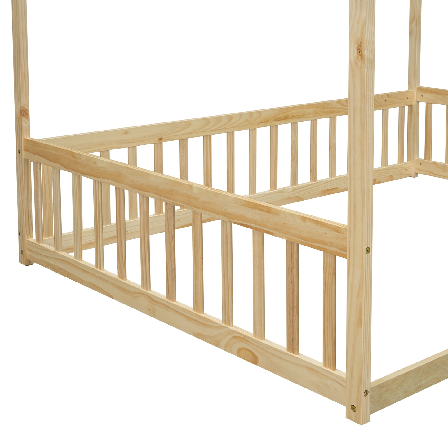 Natural wood toddler bed frame with protective rails